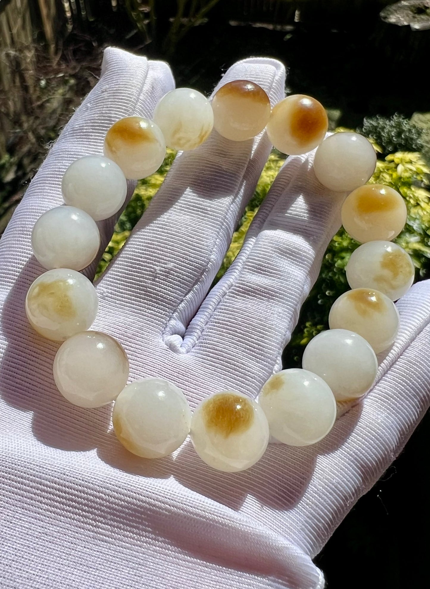 12mm Certified natural jade/Siberian golden brown white nephrite bracelet/ Charcoal-grilled bun pattern天然精品 俄糖白玉 羊脂白 一口金红糖 #2170 炭烤小馒头