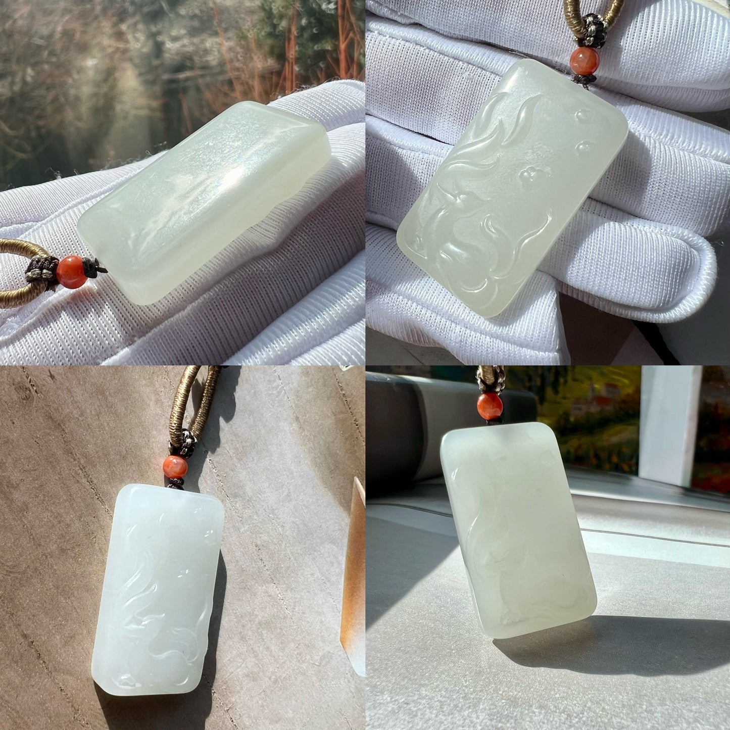 Certified natural jade/Qinghai icy white nephrite nothing pendant necklace/天然精品 青海老矿白玉 无事牌 吊坠 月光白 冰胶油糯细 #2283 单面九尾狐