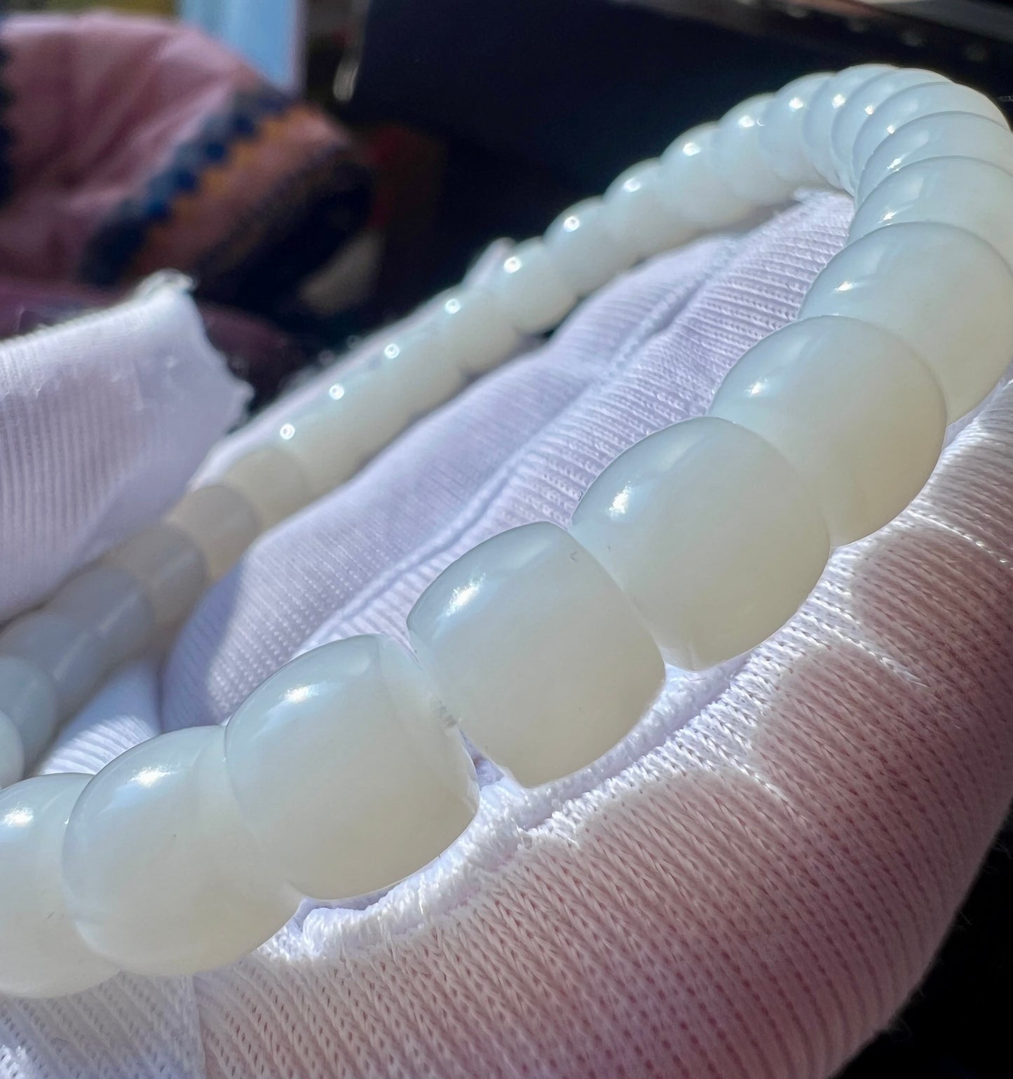 7.3*6mm Certified natural jade Siberian white Nephrite bracelet/straight cut beads 天然精品 极限弧精工直切老型珠 老俄料白玉 #9646 油细糯