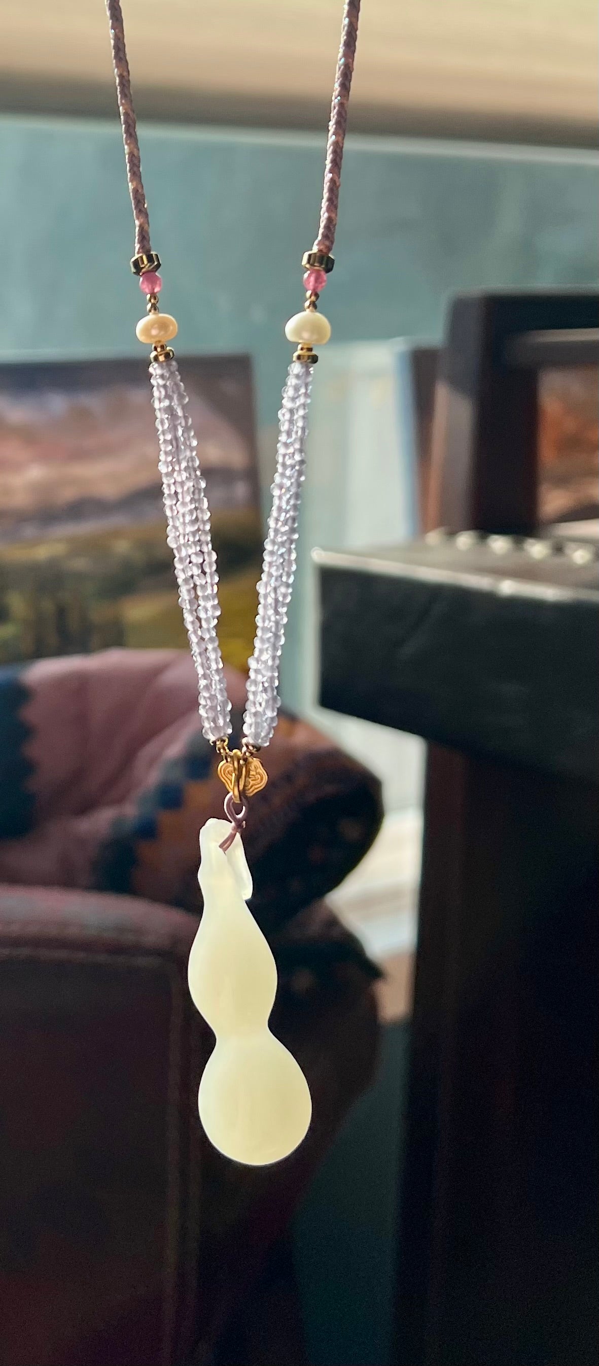 Certified natural jade Qinghai white nephrite carved gourd pendant necklace天然青海老矿白玉 葫芦吊坠 项链#4351 润糯荔枝白