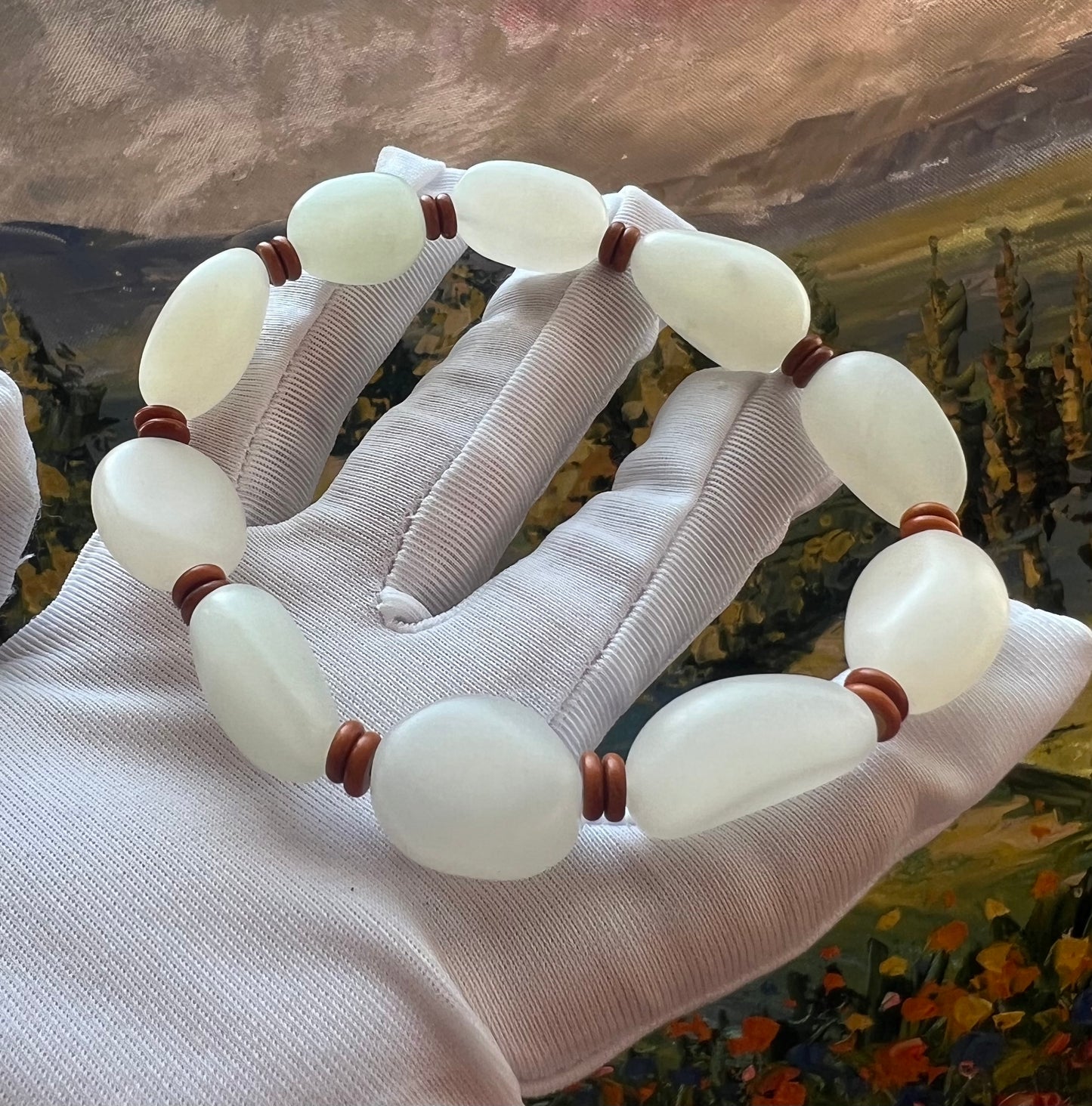 Certified natural jade white Nephrite bracelet/freeform beads 天然白玉 随形手串 #0395