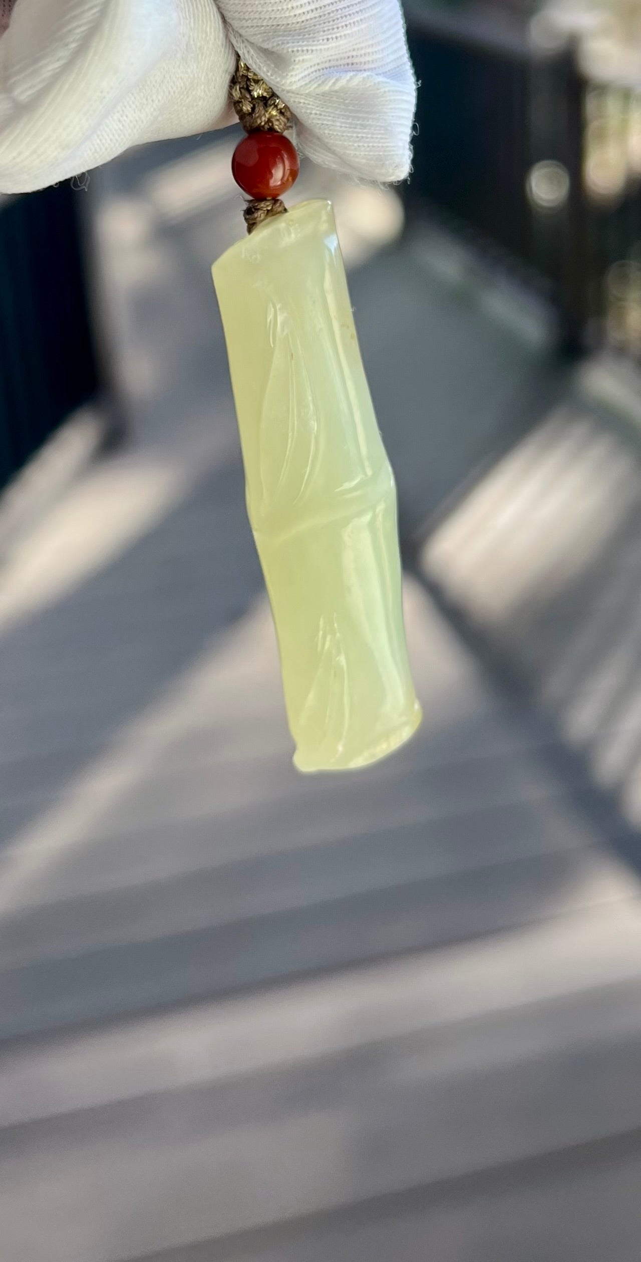 Certified natural jade /Qiemo nephrite carved bamboo pendant necklace/bamboo joint pendant/old material天然且末老料 青白玉竹节吊坠#5923 有瑕