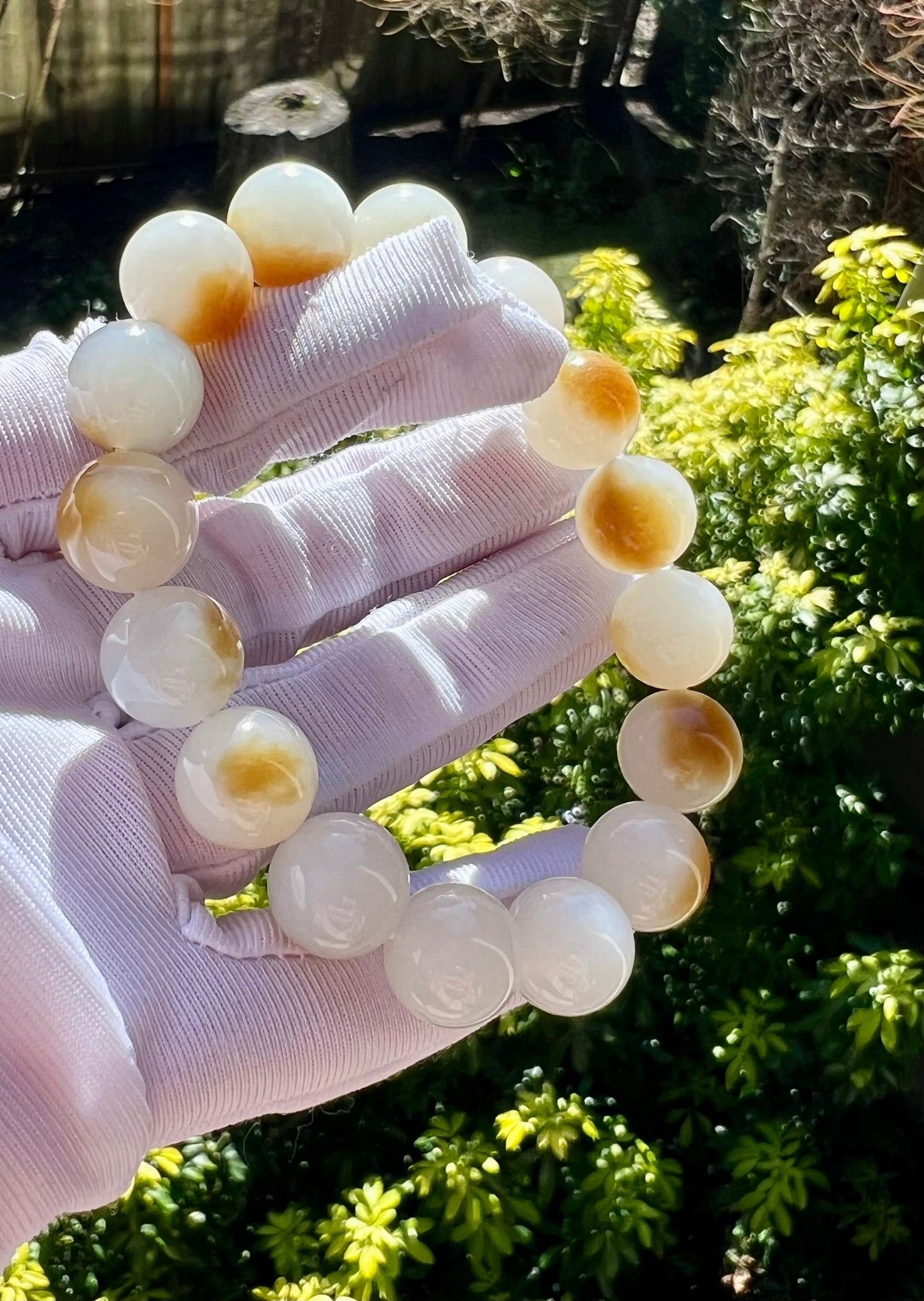 12mm Certified natural jade/Siberian golden brown white nephrite bracelet/ Charcoal-grilled bun pattern天然精品 俄糖白玉 羊脂白 一口金红糖 #2170 炭烤小馒头
