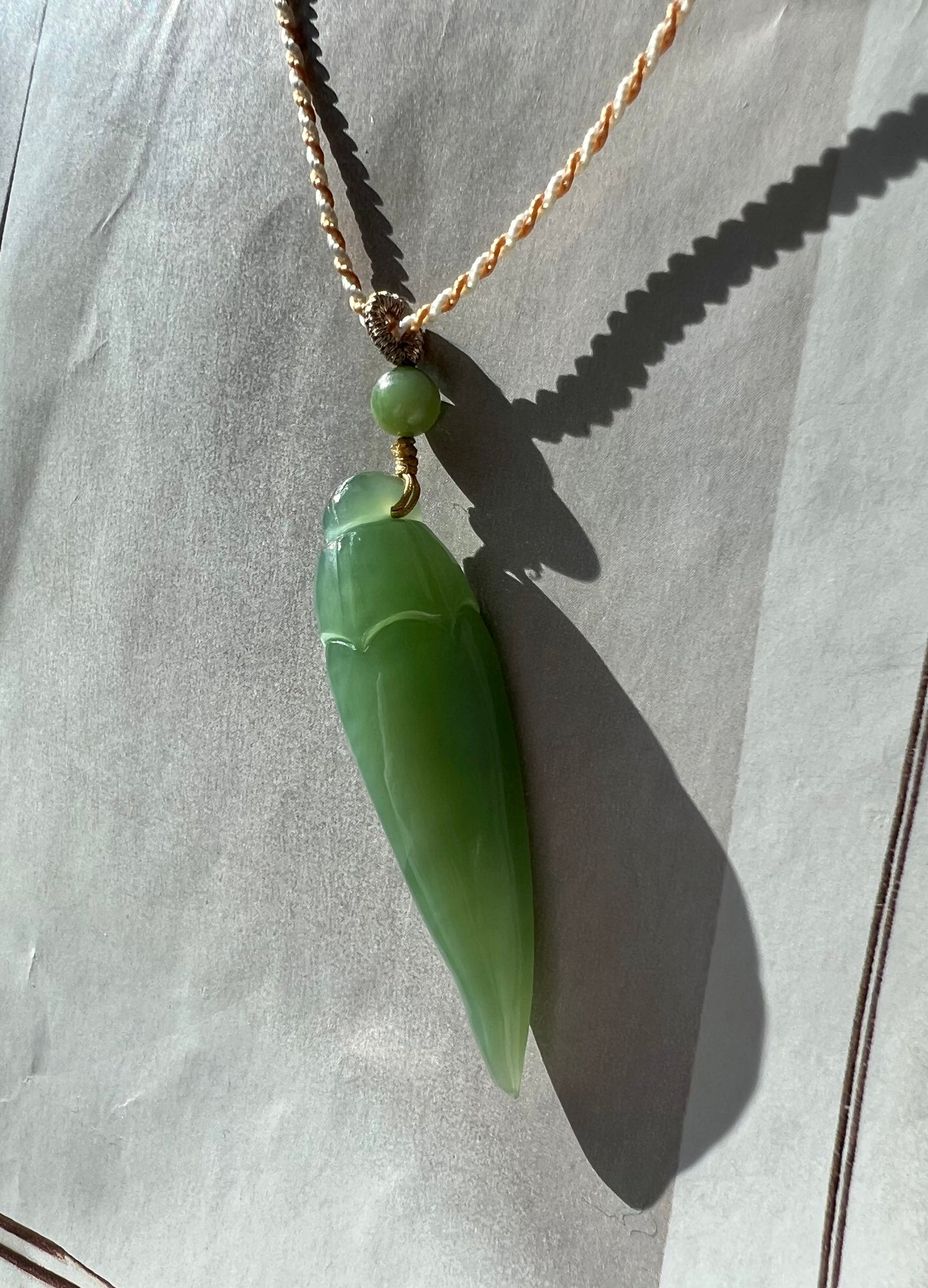 Certified natural nephrite green jade/Siberian bluish green nephrite carved pepper pendant necklace 天然俄料碧玉 粉青辣椒 吊坠 项链#1427 绿调粉青起莹光