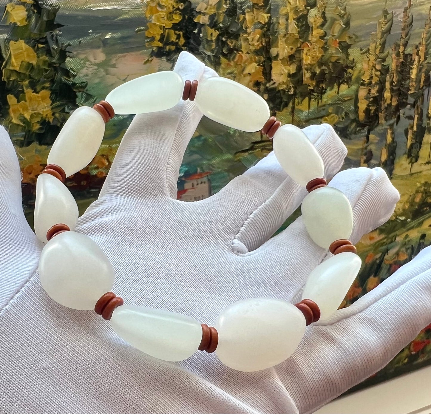 Certified natural jade white Nephrite bracelet/freeform beads 天然白玉 随形手串 #0395