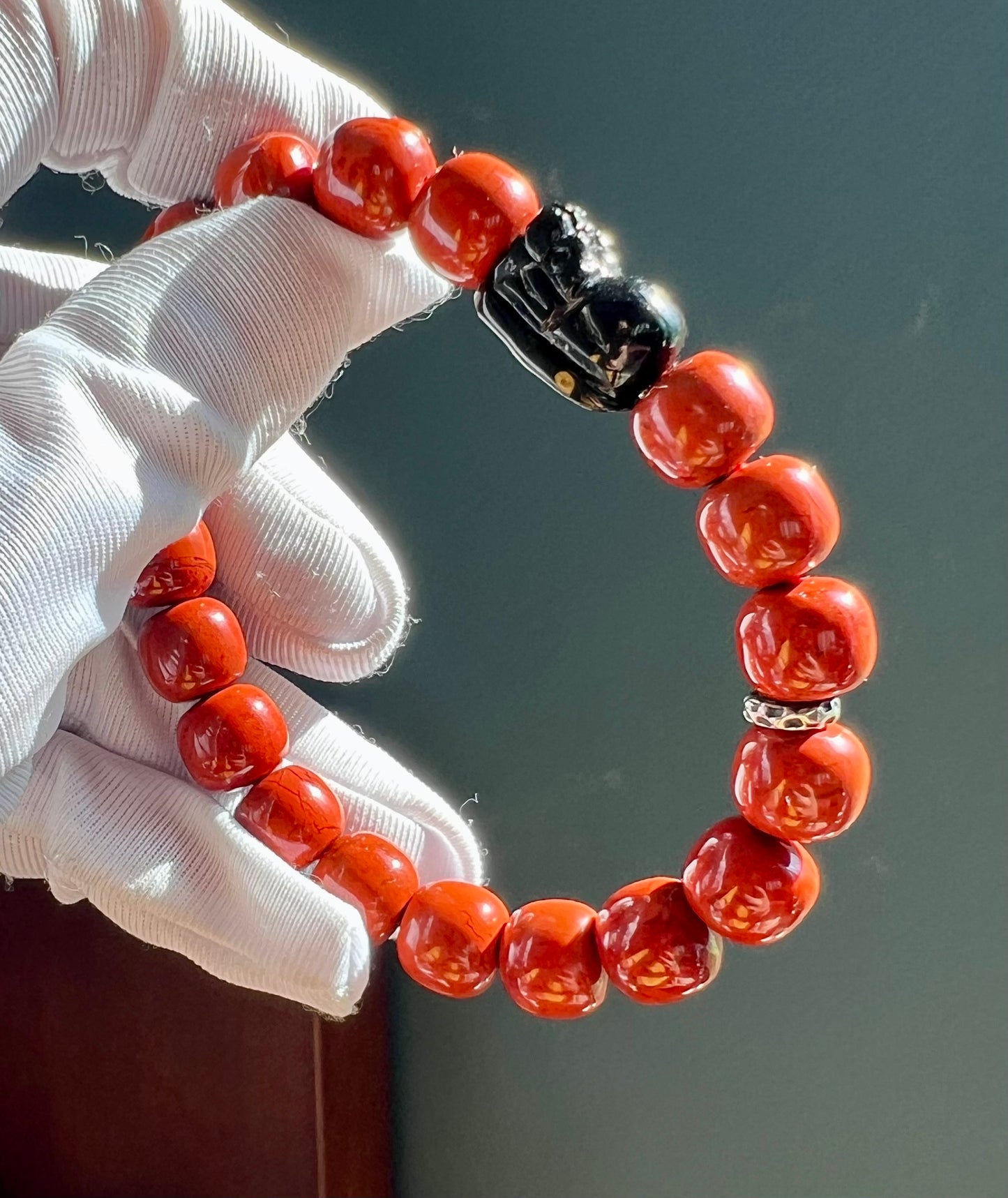 10*9mm Certified natural Nanhong Agate barrel Beads Bracelet, Southern Red Agate, with Hypersthene Pixiu charm, 全天然精品金运石貔貅 川料柿子红南红手串 满色满肉 #5947