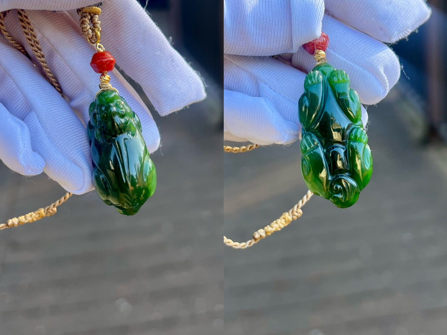 Certified natural nephrite green jade/Siberian green nephrite carved Pixiu pendant necklace 天然俄料碧玉貔貅 吊坠 项链#3596 辣绿菠菜绿