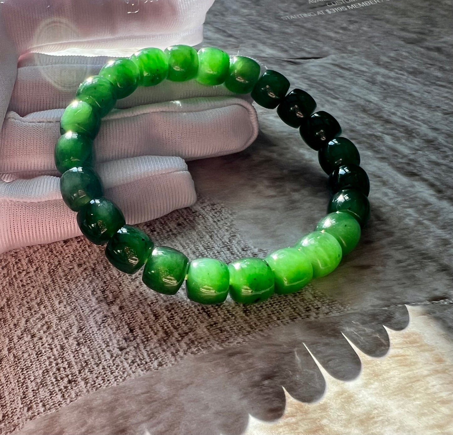 9*8mm Certified Natural jade/Siberian Green Nephrite bracelet /icy green/straight cut beads天然精品 俄料碧玉 冰底辣阳绿菠菜绿 直切珠 #4684