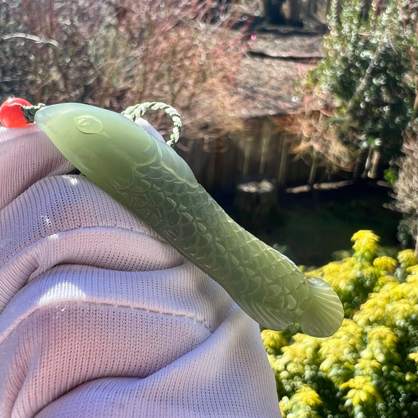 Certified natural Jade Qinghai lake green nephrite carved fish pendant hand-braided necklace天然精品 青海老矿 湖水绿 金龙鱼 吊坠#0629
