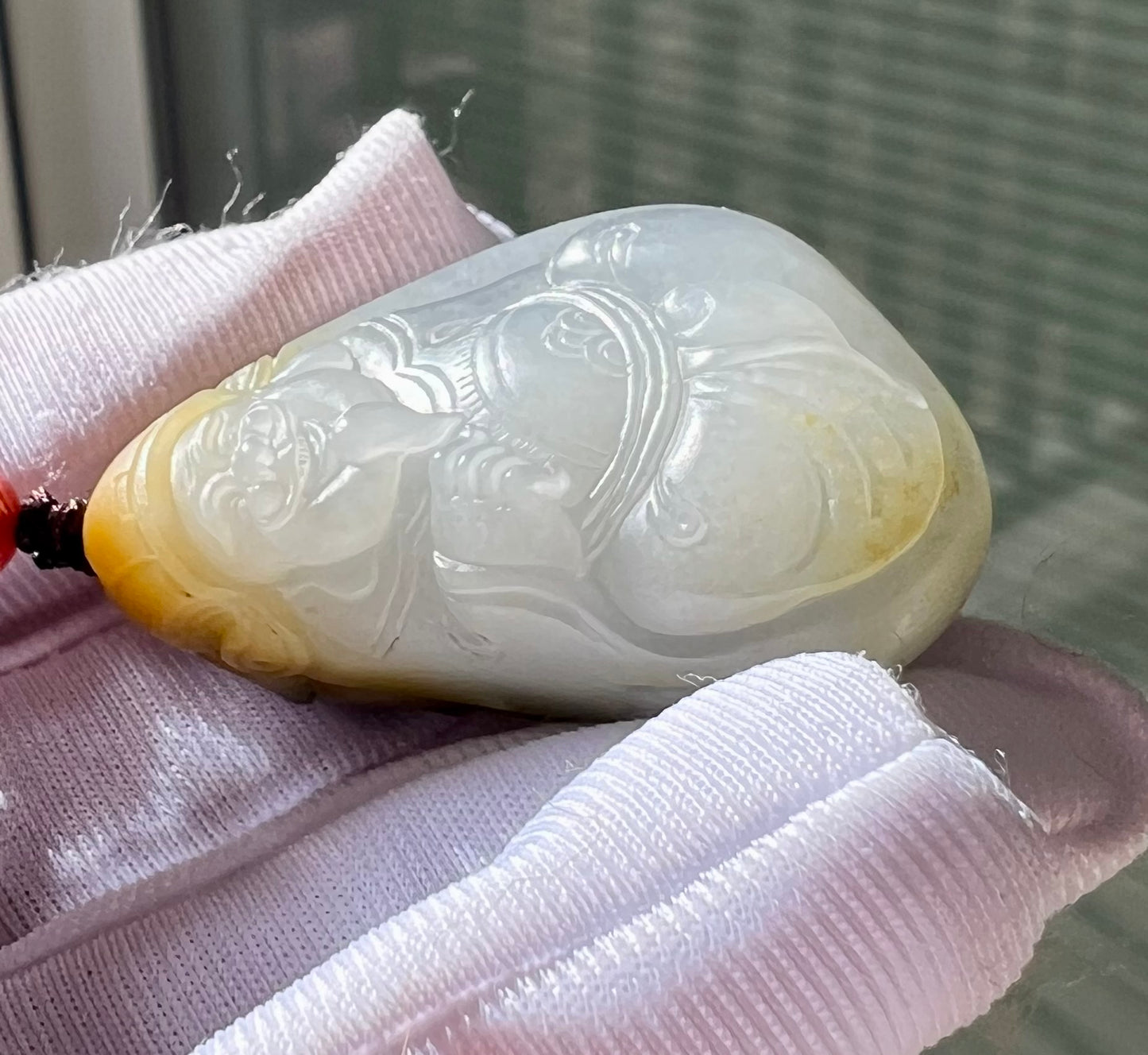 Certified natural jade pebble/White Nephrite God of Wealth pendant/white nephrite with qinghua/yellow skin天然精品 籽料白玉青花 财神吊坠 #0255原皮独籽 天然黄沁