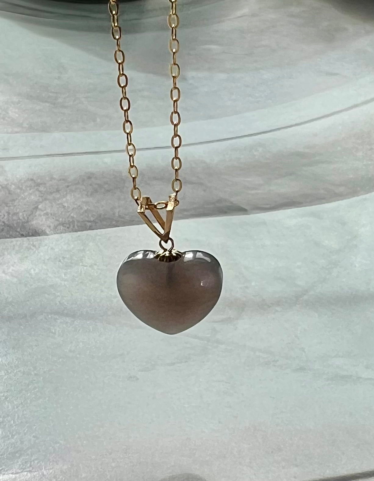 Certified natural jade/icy purple nephrite heart shaped pendant necklace/grape purple nephrite /gold 18k天然 青海烟紫玉 冰葡萄紫 心形吊坠#1401 纯银链 18k金扣头