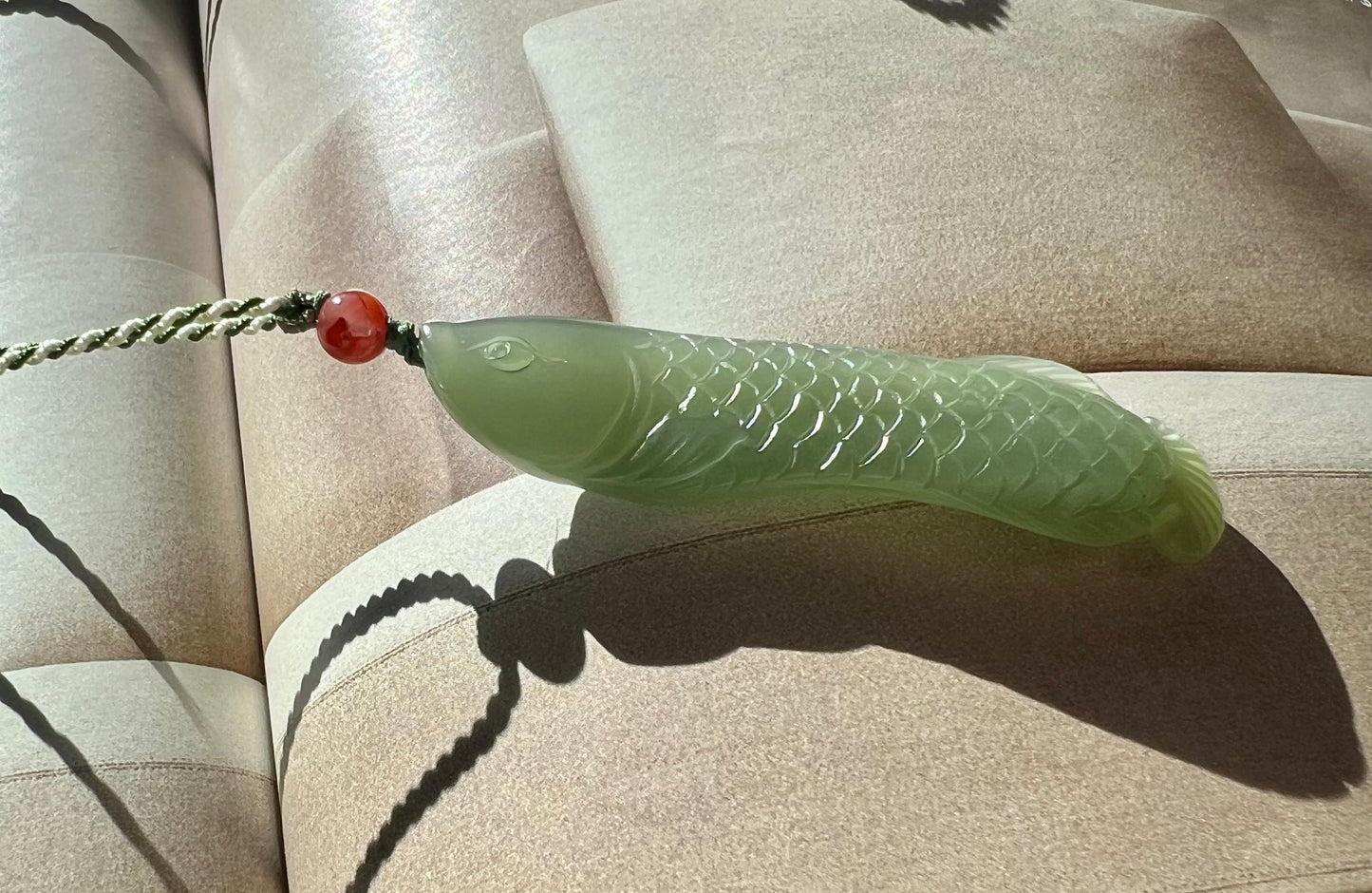 Certified natural Jade Qinghai lake green nephrite carved fish pendant hand-braided necklace天然精品 青海老矿 湖水绿 金龙鱼 吊坠#0629