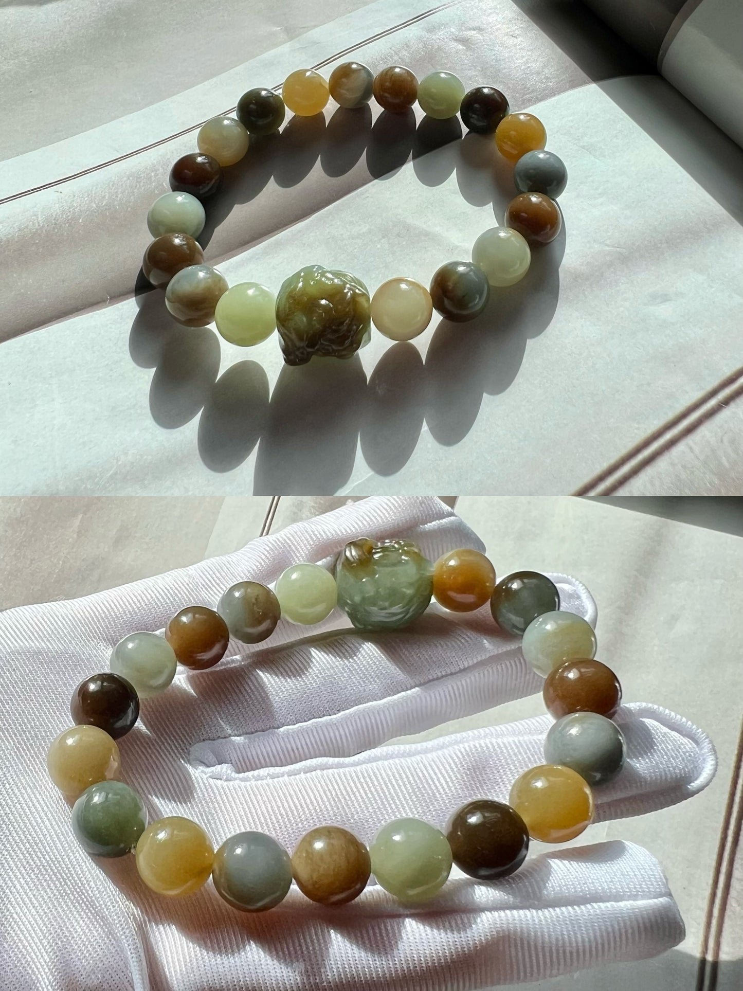 10mm Certified natural jade /Qinghua Loulan multi color nephrite bracelet天然三色手串 油熟细糯#7168 搭配糖青玉雕刻醒狮