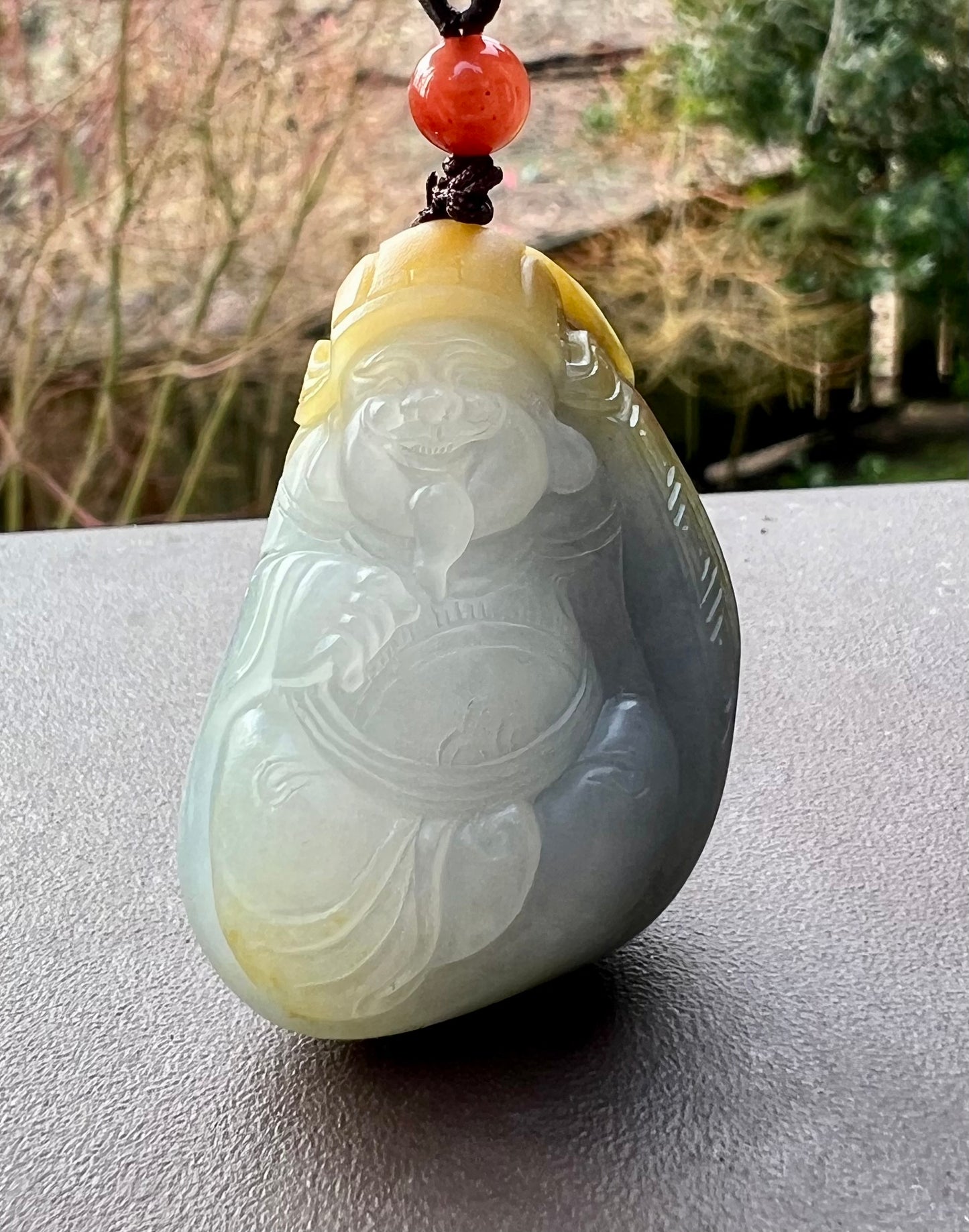 Certified natural jade pebble/White Nephrite God of Wealth pendant/white nephrite with qinghua/yellow skin天然精品 籽料白玉青花 财神吊坠 #0255原皮独籽 天然黄沁