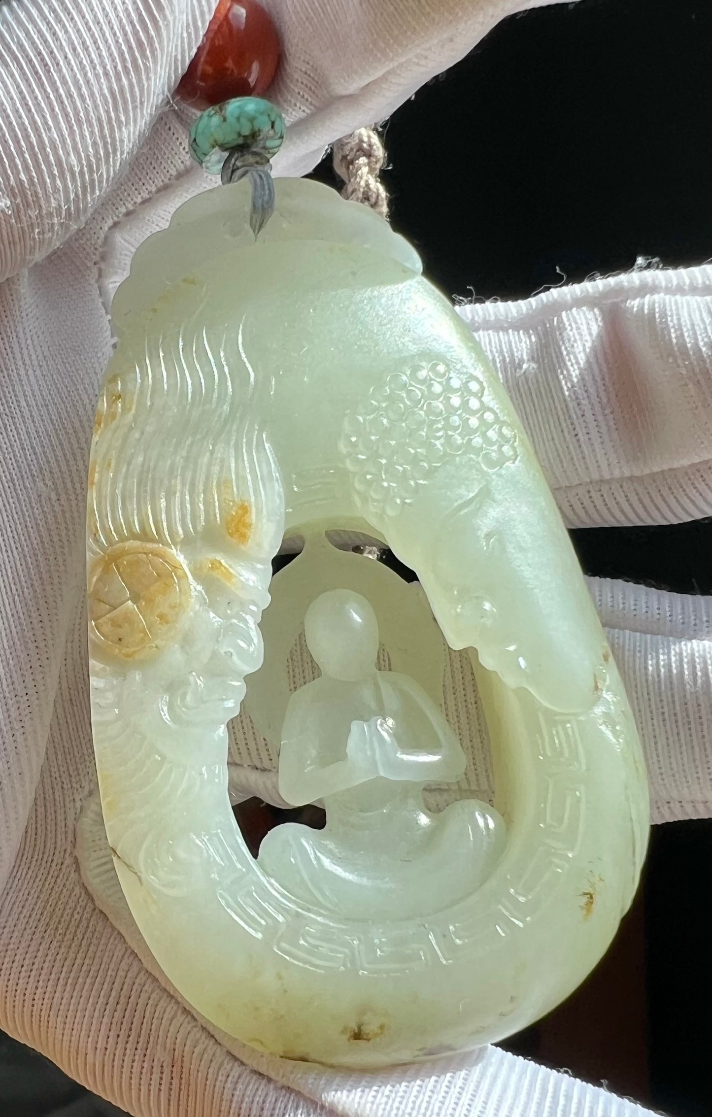 Certified natural jade pebble/White Nephrite carved Enlightenment pendant/white nephrite with original skin and pores 天然精品 籽料白玉 无事牌 悟道吊坠 佛魔一念#7455原皮毛孔 天然黄沁 大师工