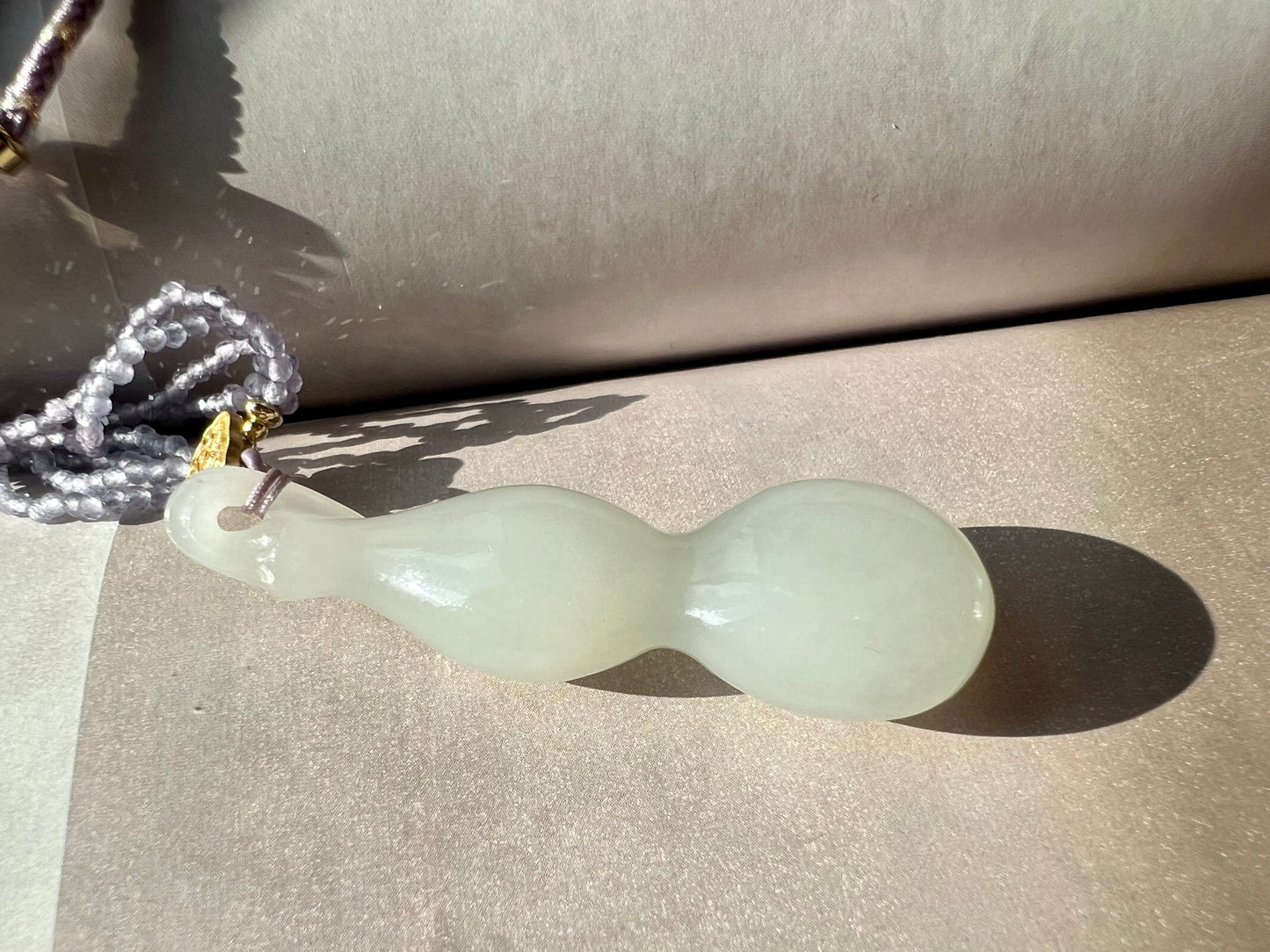 Certified natural jade Qinghai white nephrite carved gourd pendant necklace天然青海老矿白玉 葫芦吊坠 项链#4351 润糯荔枝白