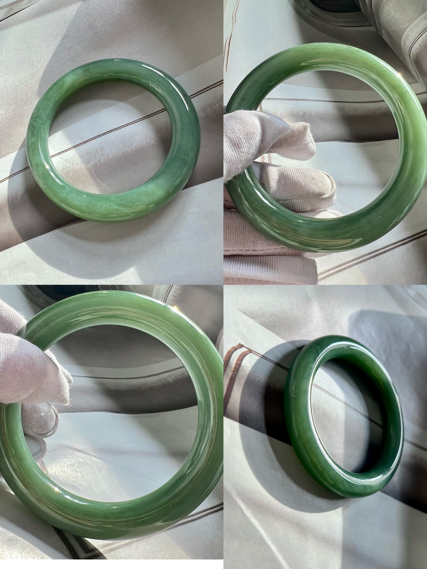 56.5mm Certified Natural hetian jade Siberian green nephrite Bangle/greenish blue bangle天然精品和田玉老俄料碧玉 胖圆条手镯 粉绿#6620 猫眼结构