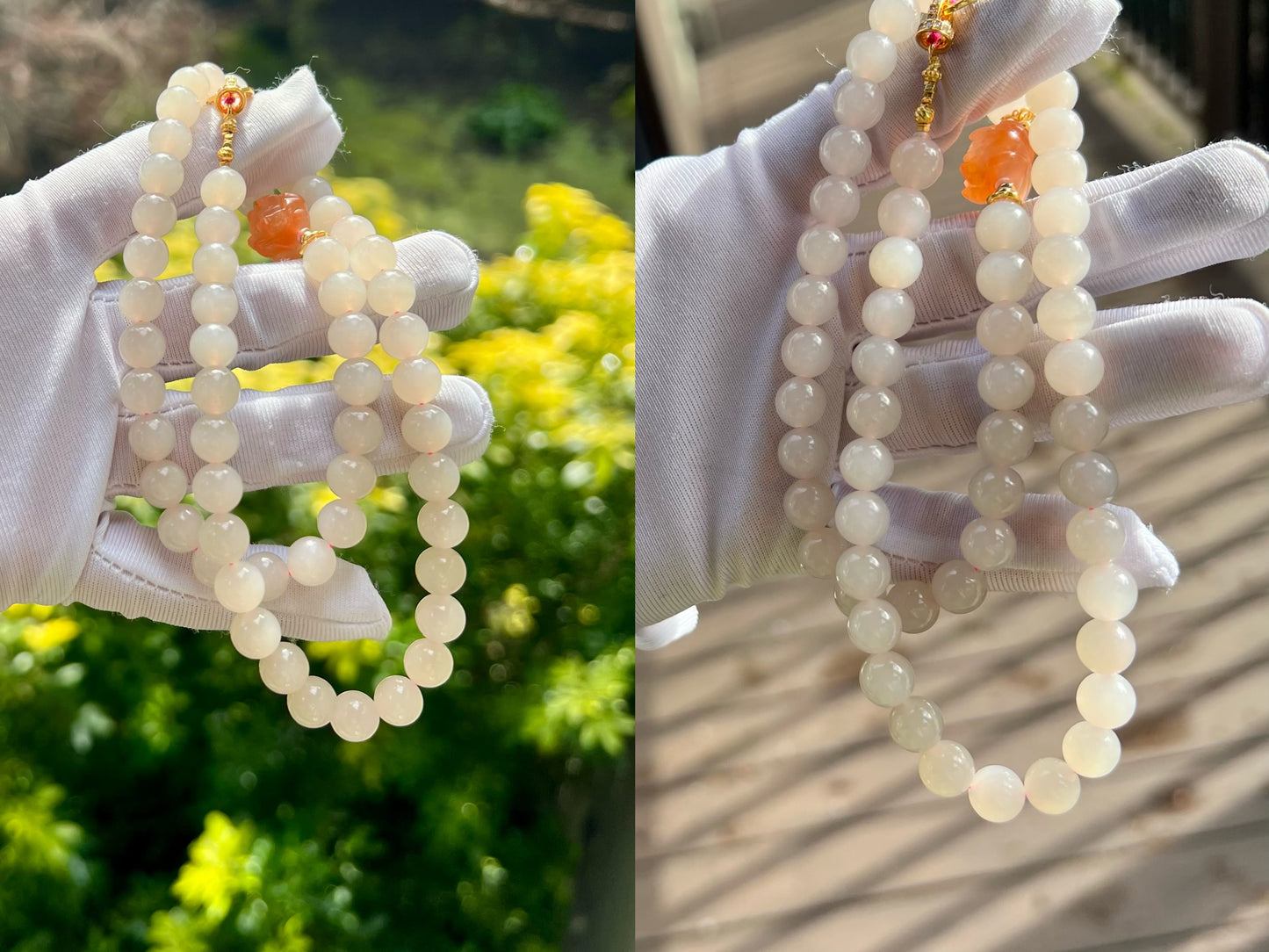 8mm Certified natural jade Qinghai old mine lotus pink nephrite necklace/icy lotus root pink 天然 青海老矿料冰糯藕粉项链 冰润糯 #3378 搭配川料南红牡丹花