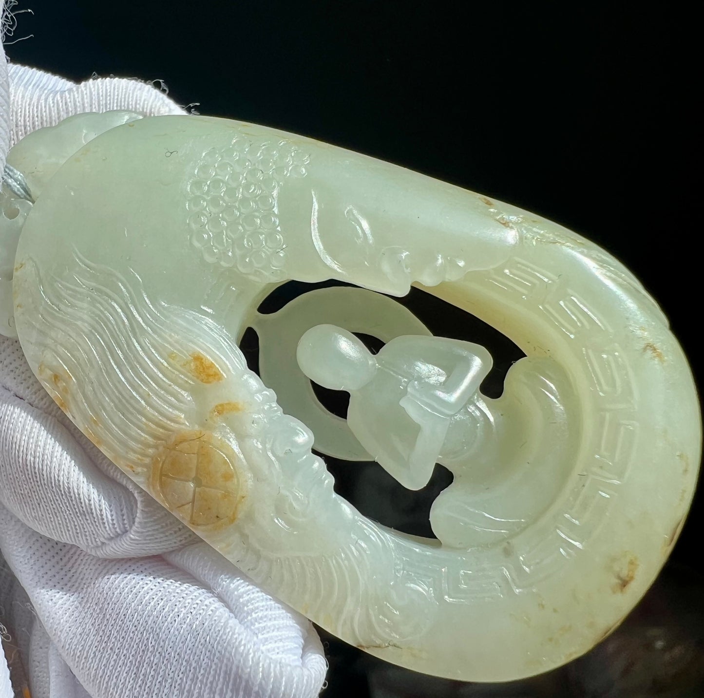 Certified natural jade pebble/White Nephrite carved Enlightenment pendant/white nephrite with original skin and pores 天然精品 籽料白玉 无事牌 悟道吊坠 佛魔一念#7455原皮毛孔 天然黄沁 大师工