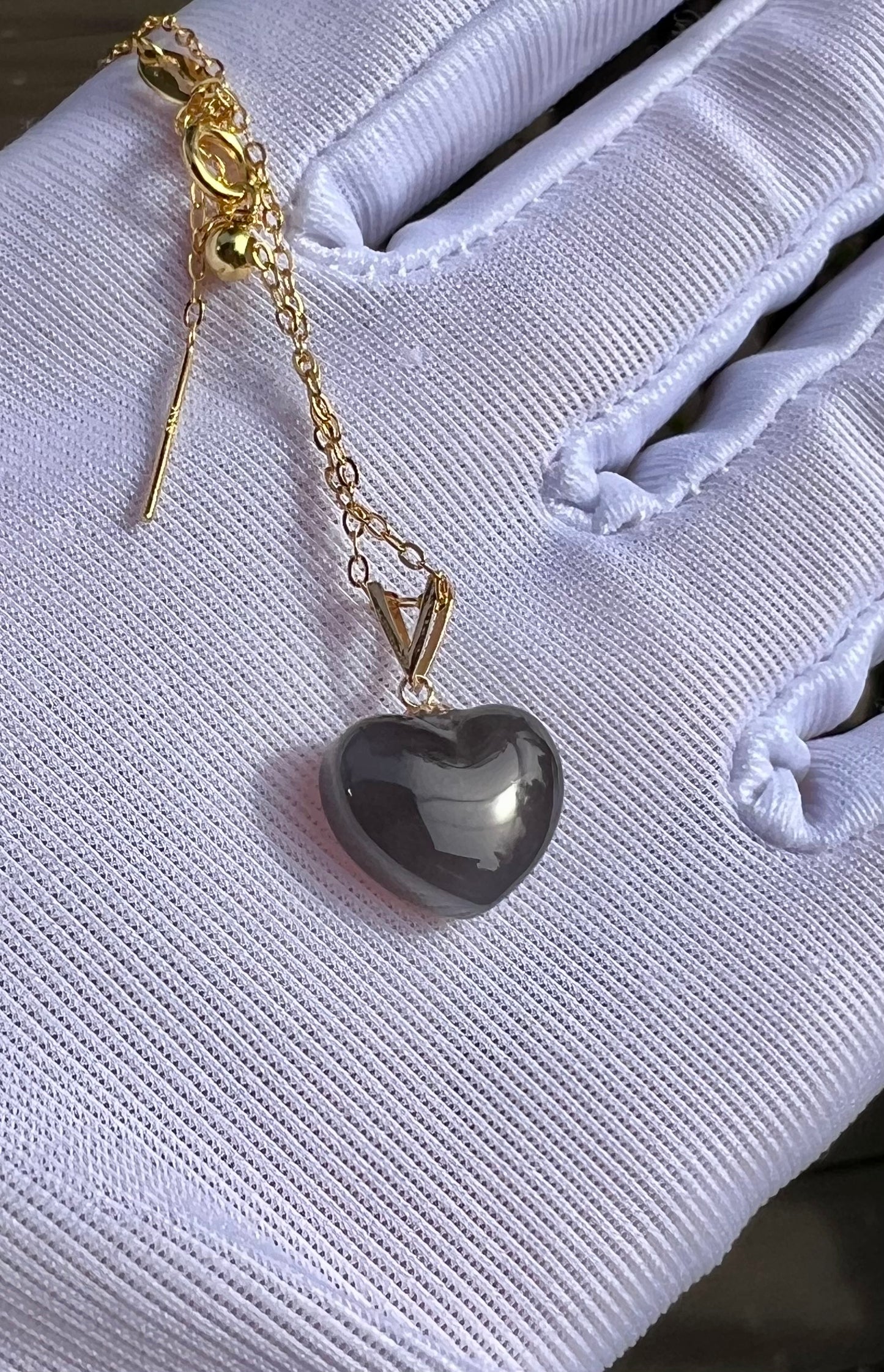 Certified natural jade/icy purple nephrite heart shaped pendant necklace/grape purple nephrite /gold 18k天然 青海烟紫玉 冰葡萄紫 心形吊坠#1401 纯银链 18k金扣头
