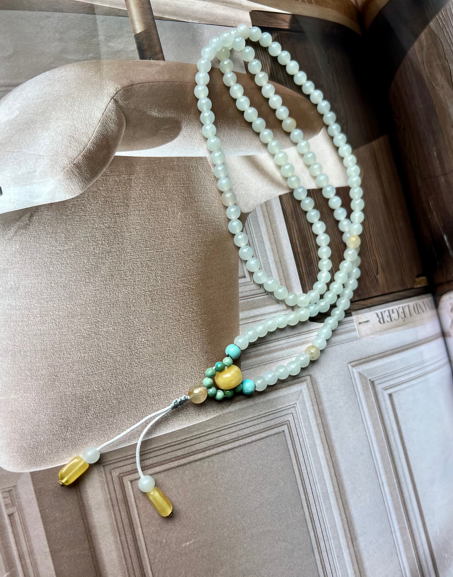 4.8mm Certified natural jade/white nephrite beads necklace/river nephrite天然精品 玉龙河料白玉 项链 万能链 #3046带天然原皮 油润细糯