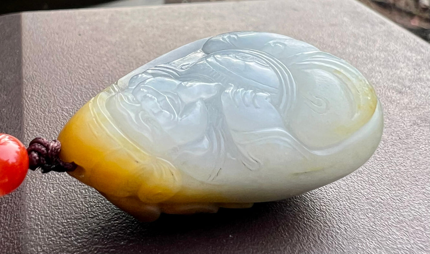 Certified natural jade pebble/White Nephrite God of Wealth pendant/white nephrite with qinghua/yellow skin天然精品 籽料白玉青花 财神吊坠 #0255原皮独籽 天然黄沁