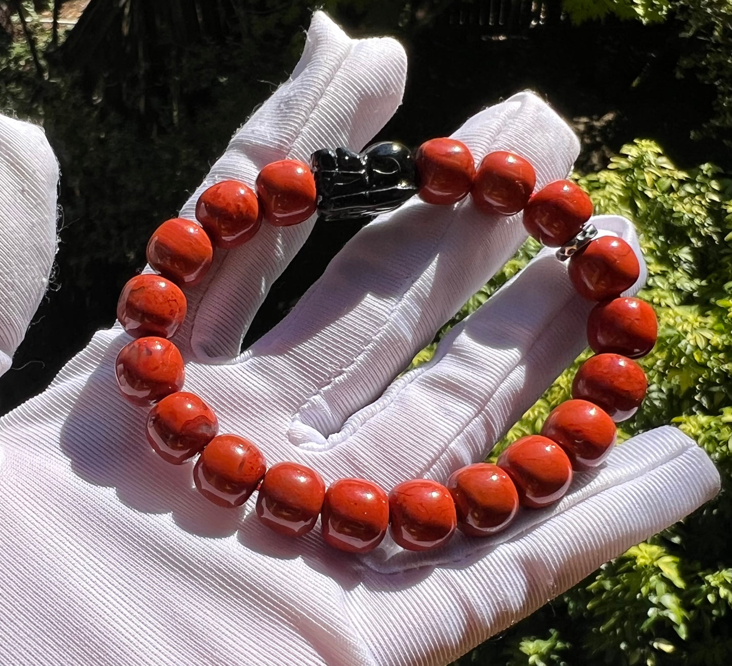 10*9mm Certified natural Nanhong Agate barrel Beads Bracelet, Southern Red Agate, with Hypersthene Pixiu charm, 全天然精品金运石貔貅 川料柿子红南红手串 满色满肉 #5947