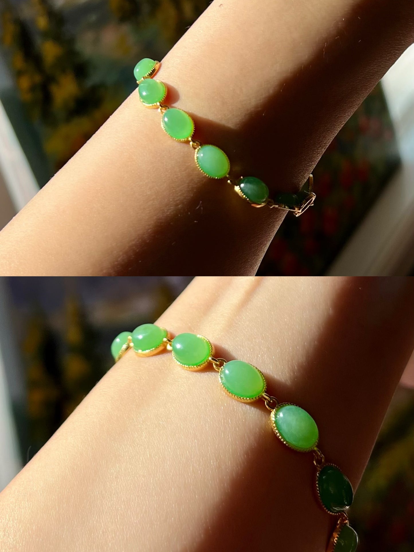 Certified natural nephrite green jade/Siberian green nephrite inlaid S925 bracelet /apple green 天然精品 俄料碧玉蛋面镶嵌纯银手链 #2205 鲜果绿