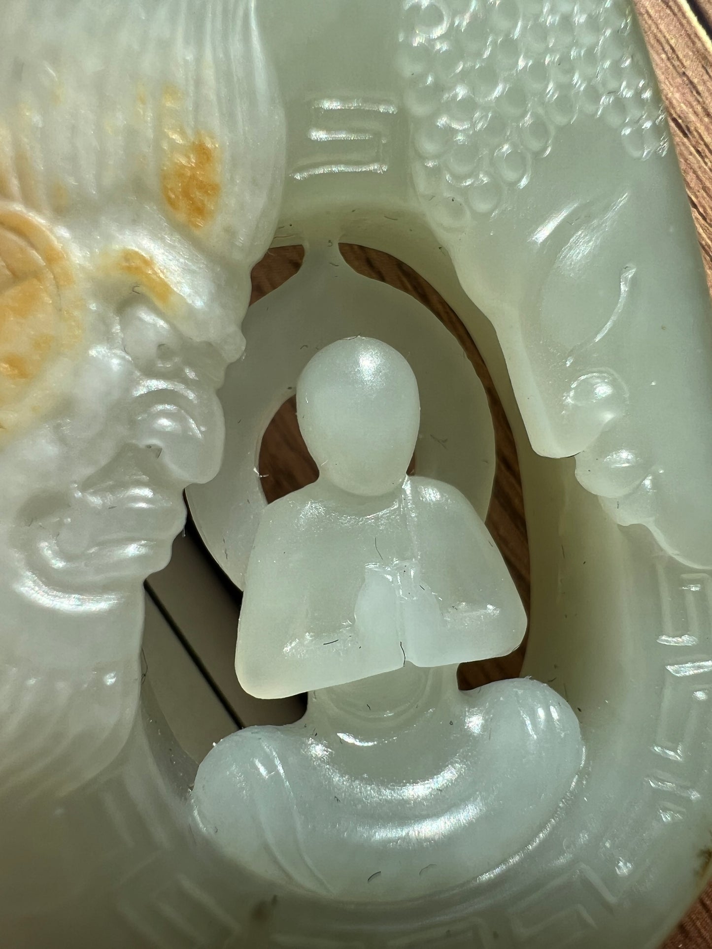 Certified natural jade pebble/White Nephrite carved Enlightenment pendant/white nephrite with original skin and pores 天然精品 籽料白玉 无事牌 悟道吊坠 佛魔一念#7455原皮毛孔 天然黄沁 大师工