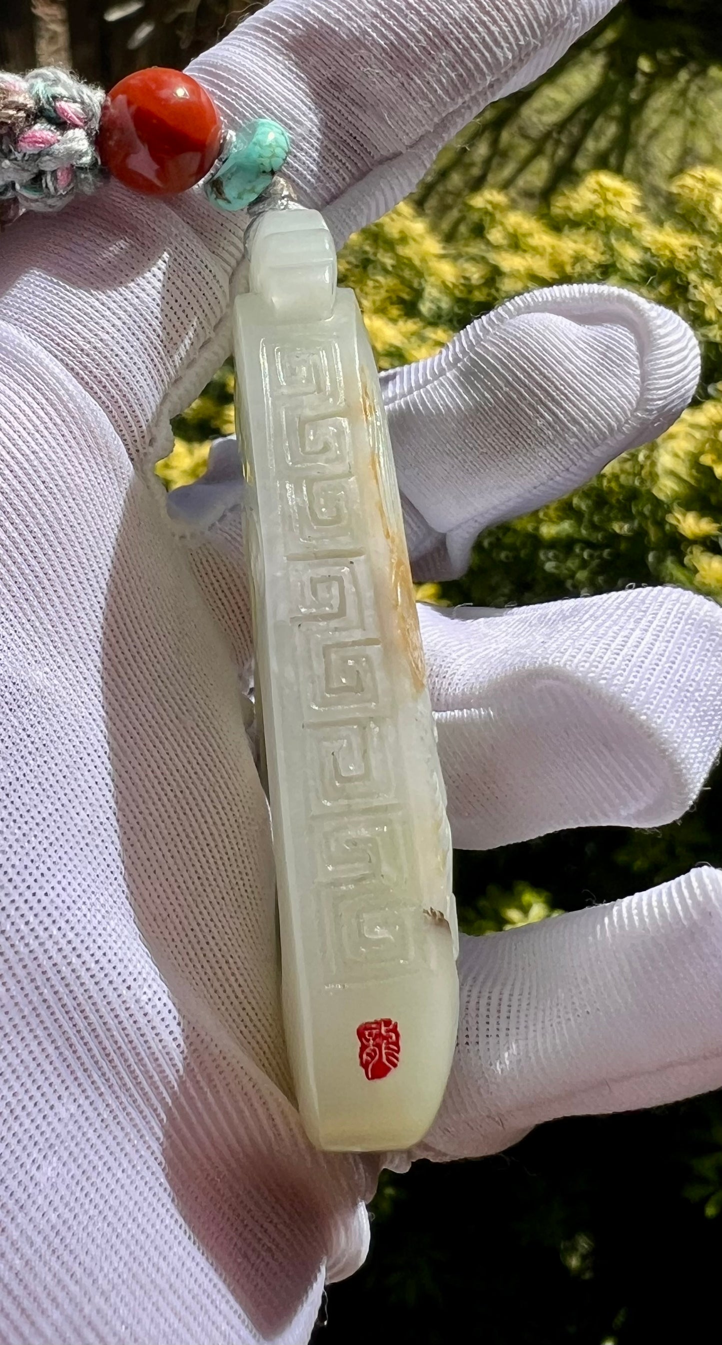 Certified natural jade pebble/White Nephrite carved Enlightenment pendant/white nephrite with original skin and pores 天然精品 籽料白玉 无事牌 悟道吊坠 佛魔一念#7455原皮毛孔 天然黄沁 大师工