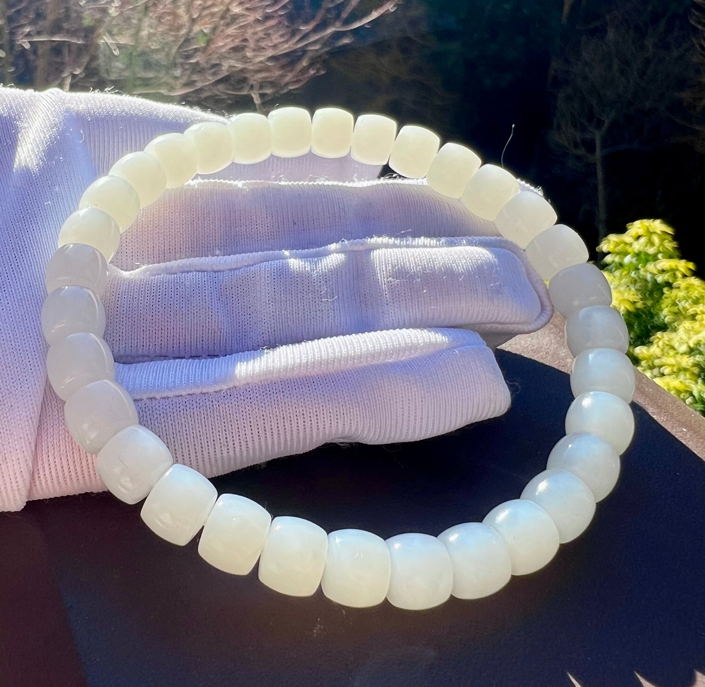 7.3*6mm Certified natural jade Siberian white Nephrite bracelet/straight cut beads 天然精品 极限弧精工直切老型珠 老俄料白玉 #9646 油细糯