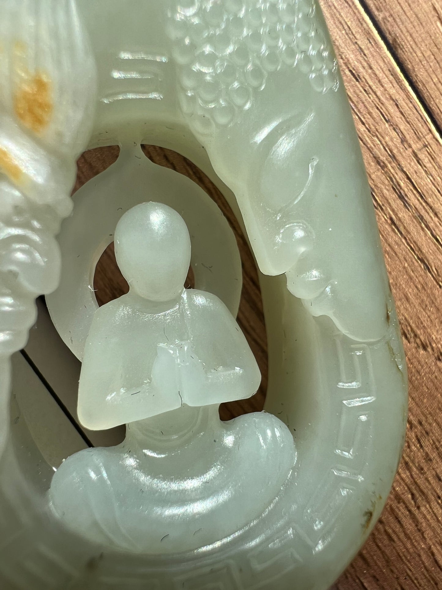 Certified natural jade pebble/White Nephrite carved Enlightenment pendant/white nephrite with original skin and pores 天然精品 籽料白玉 无事牌 悟道吊坠 佛魔一念#7455原皮毛孔 天然黄沁 大师工