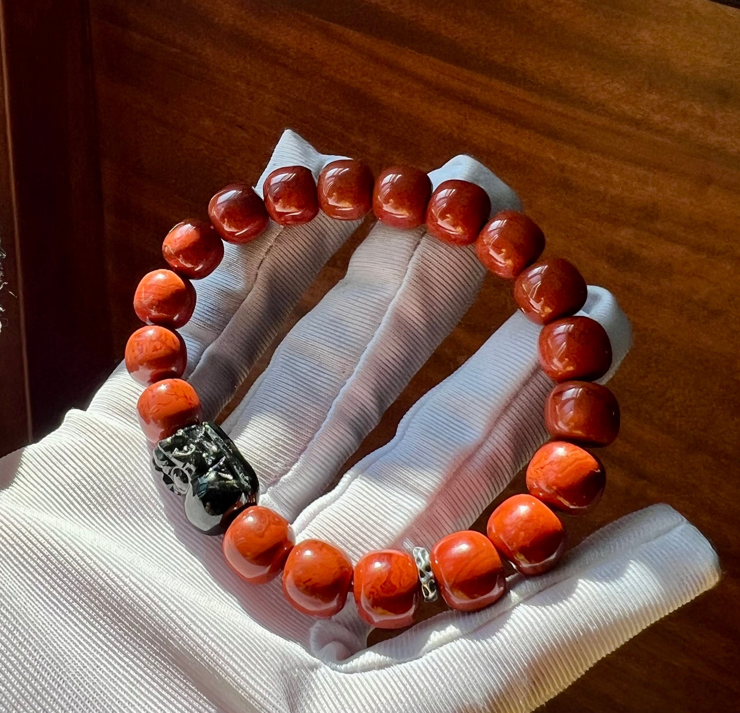 10*9mm Certified natural Nanhong Agate barrel Beads Bracelet, Southern Red Agate, with Hypersthene Pixiu charm, 全天然精品金运石貔貅 川料柿子红南红手串 满色满肉 #5947
