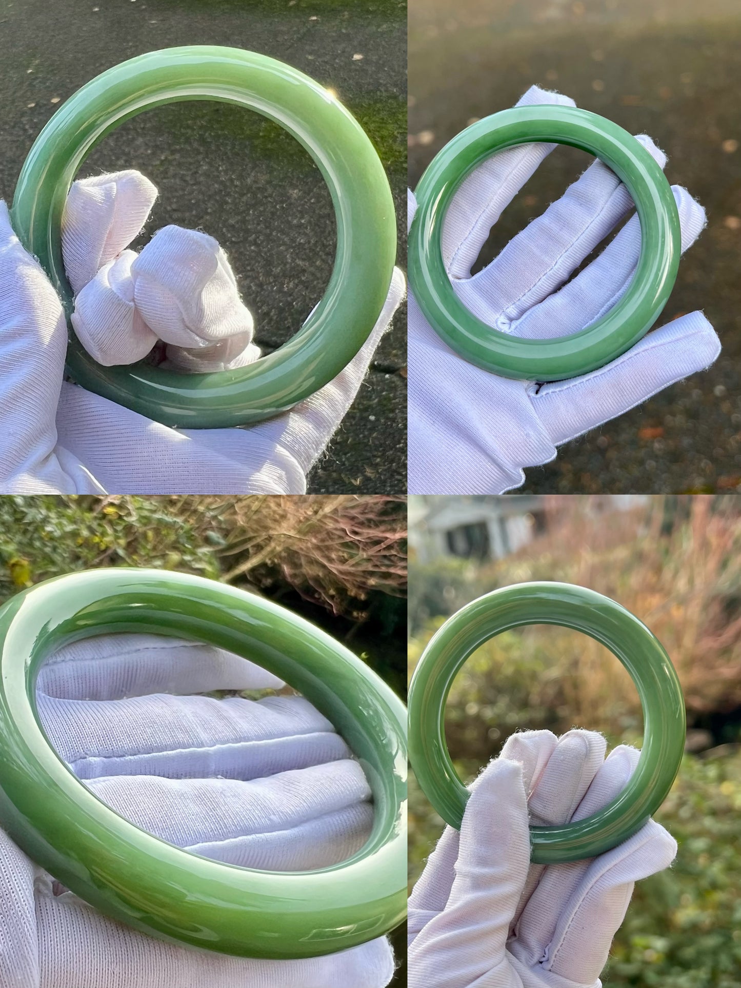 56.5mm Certified Natural hetian jade Siberian green nephrite Bangle/greenish blue bangle天然精品和田玉老俄料碧玉 胖圆条手镯 粉绿#6620 猫眼结构