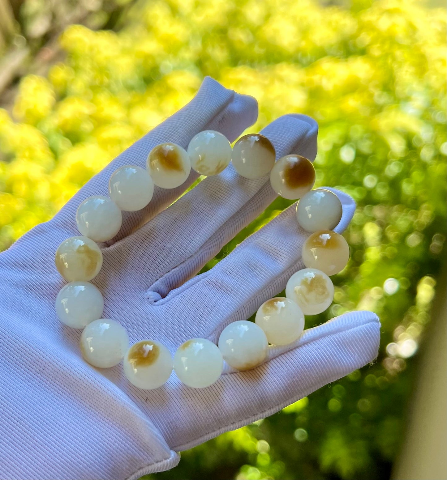 12mm Certified natural jade/Siberian golden brown white nephrite bracelet/ Charcoal-grilled bun pattern天然精品 俄糖白玉 羊脂白 一口金红糖 #2170 炭烤小馒头