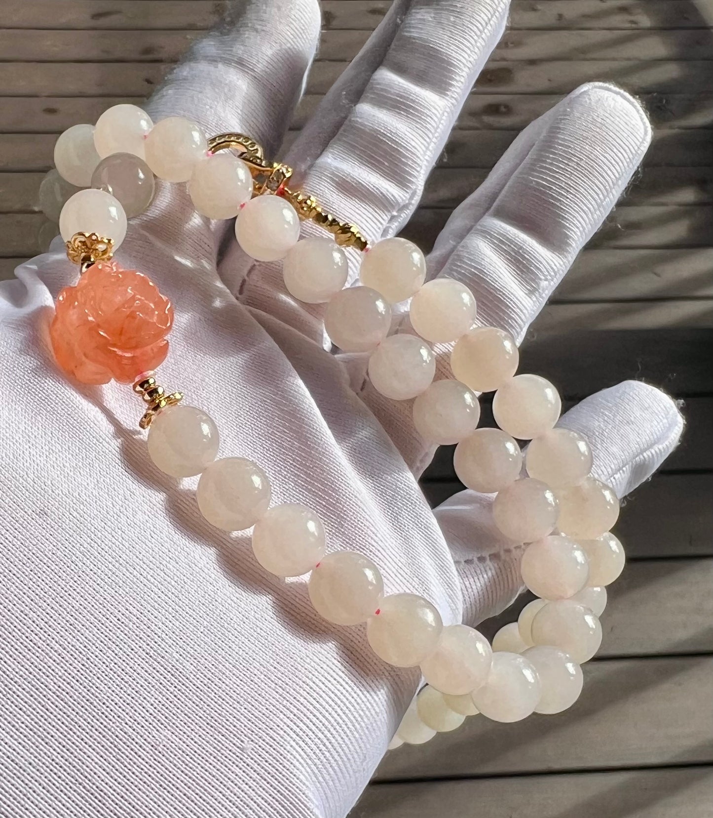 8mm Certified natural jade Qinghai old mine lotus pink nephrite necklace/icy lotus root pink 天然 青海老矿料冰糯藕粉项链 冰润糯 #3378 搭配川料南红牡丹花