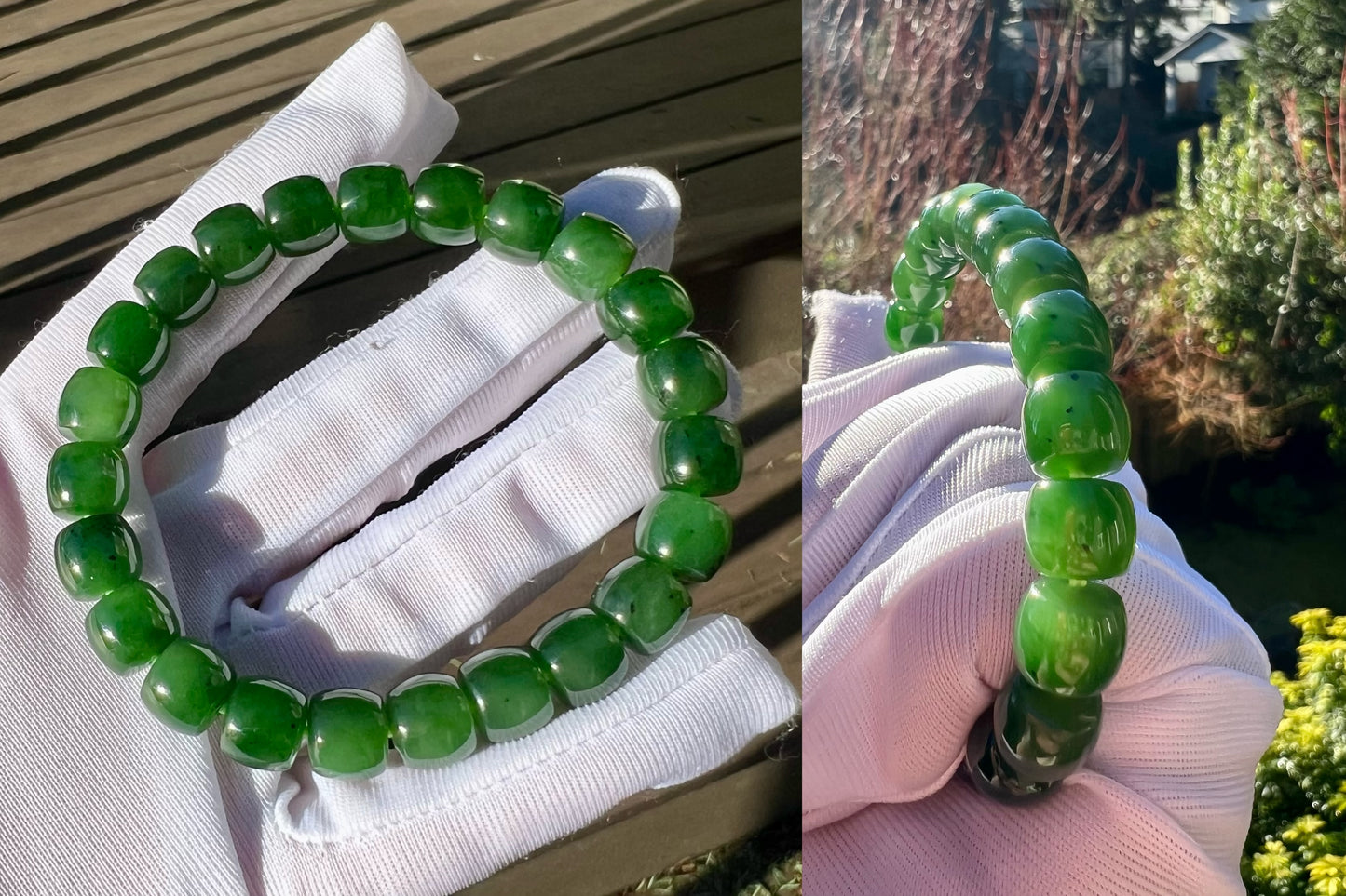 9*8mm Certified Natural jade/Siberian Green Nephrite bracelet /icy green/straight cut beads天然精品 俄料碧玉 冰底辣阳绿菠菜绿 直切珠 #4684
