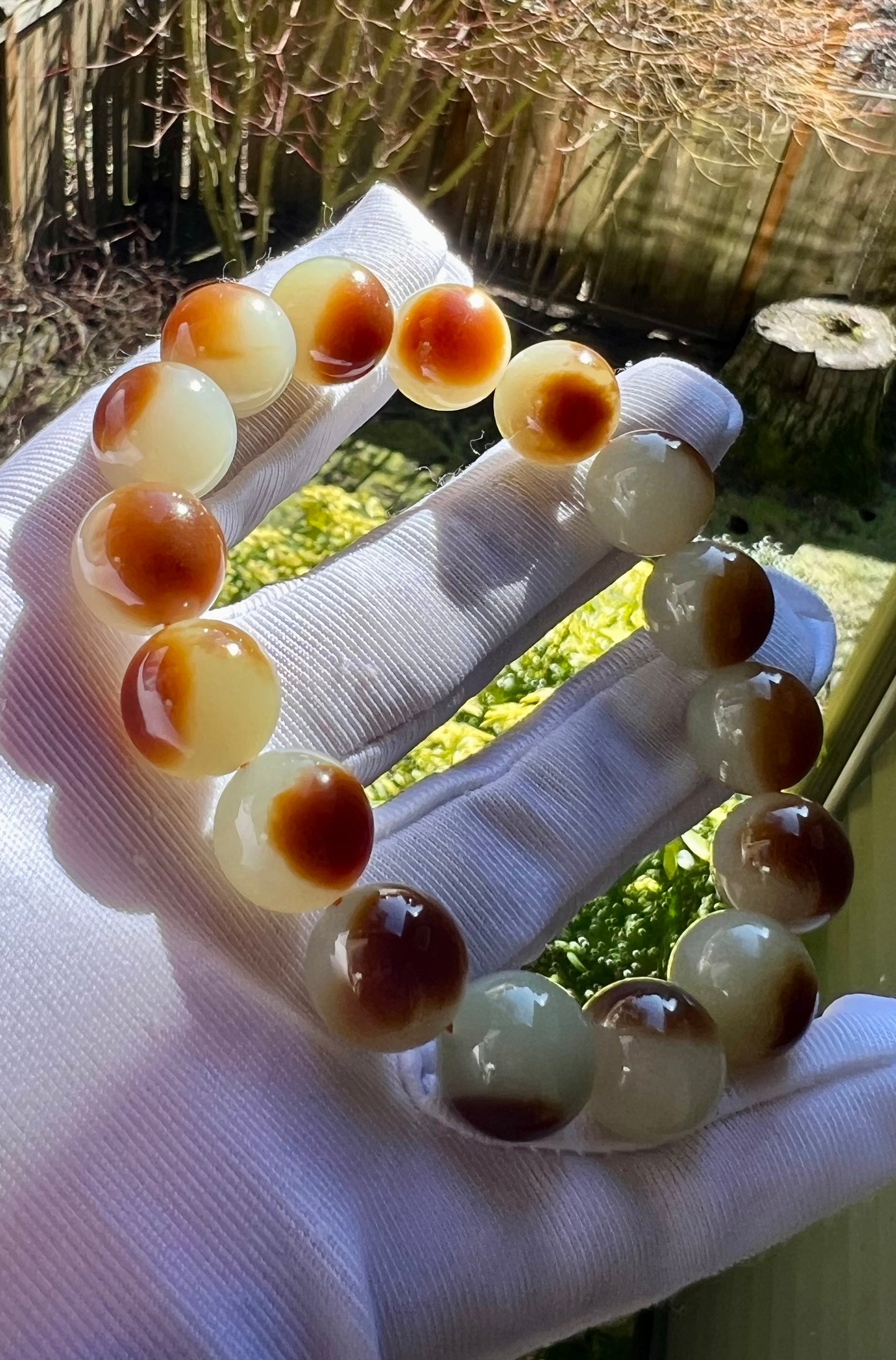 12mm Certified natural jade/Jinshan oily red brown white nephrite bracelet/ sugar cover pattern天然精品 金山糖白玉 红油糖 #7129 盖糖