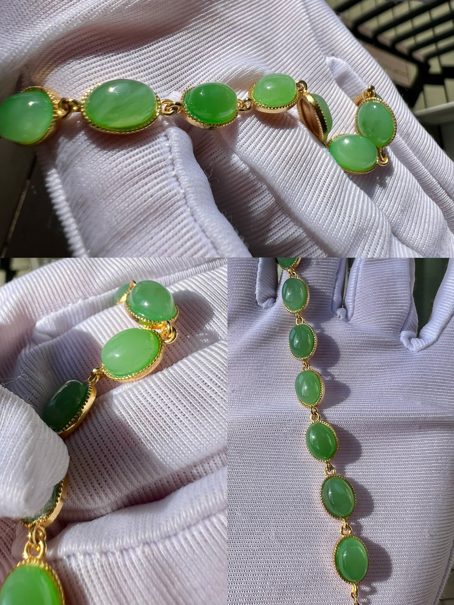 Certified natural nephrite green jade/Siberian green nephrite inlaid S925 bracelet /apple green 天然精品 俄料碧玉蛋面镶嵌纯银手链 #2205 鲜果绿