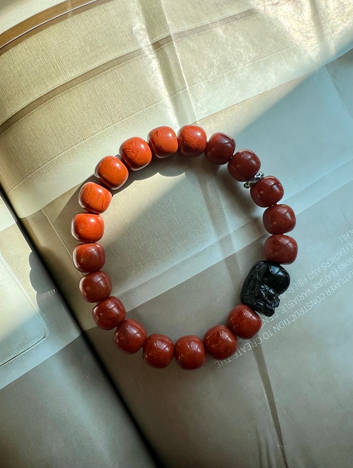 10*9mm Certified natural Nanhong Agate barrel Beads Bracelet, Southern Red Agate, with Hypersthene Pixiu charm, 全天然精品金运石貔貅 川料柿子红南红手串 满色满肉 #5947