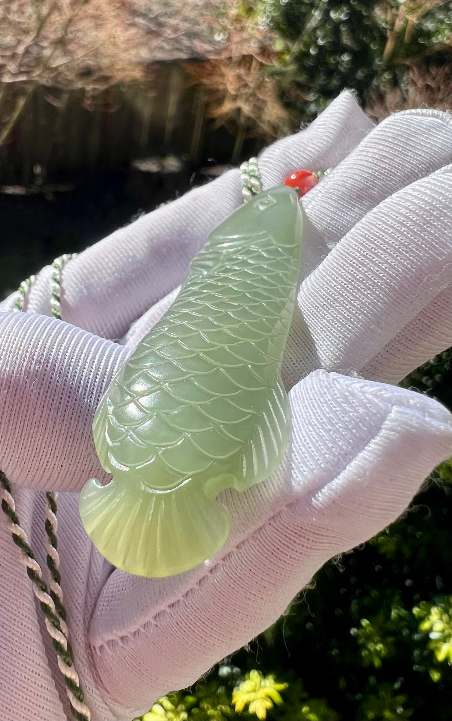 Certified natural Jade Qinghai lake green nephrite carved fish pendant hand-braided necklace天然精品 青海老矿 湖水绿 金龙鱼 吊坠#0629