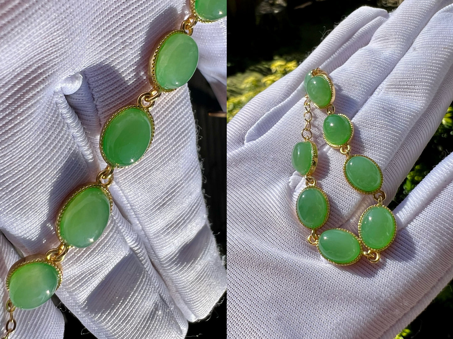 Certified natural nephrite green jade/Siberian green nephrite inlaid S925 bracelet /apple green 天然精品 俄料碧玉蛋面镶嵌纯银手链 #2205 鲜果绿