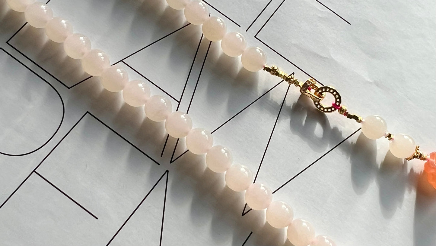 8mm Certified natural jade Qinghai old mine lotus pink nephrite necklace/icy lotus root pink 天然 青海老矿料冰糯藕粉项链 冰润糯 #3378 搭配川料南红牡丹花