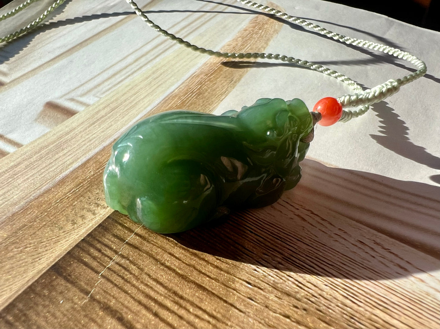 Certified natural nephrite green jade/Siberian bluish green nephrite carved Pixiu pendant necklace 天然俄料碧玉貔貅 吊坠 项链#3598 粉青