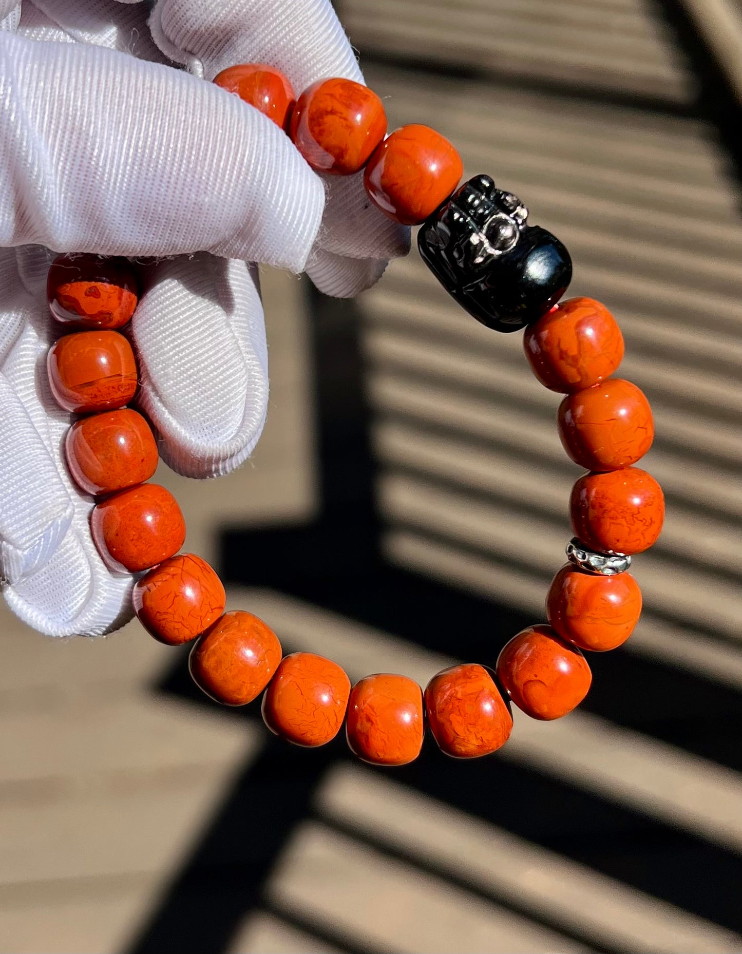10*9mm Certified natural Nanhong Agate barrel Beads Bracelet, Southern Red Agate, with Hypersthene Pixiu charm, 全天然精品金运石貔貅 川料柿子红南红手串 满色满肉 #5947
