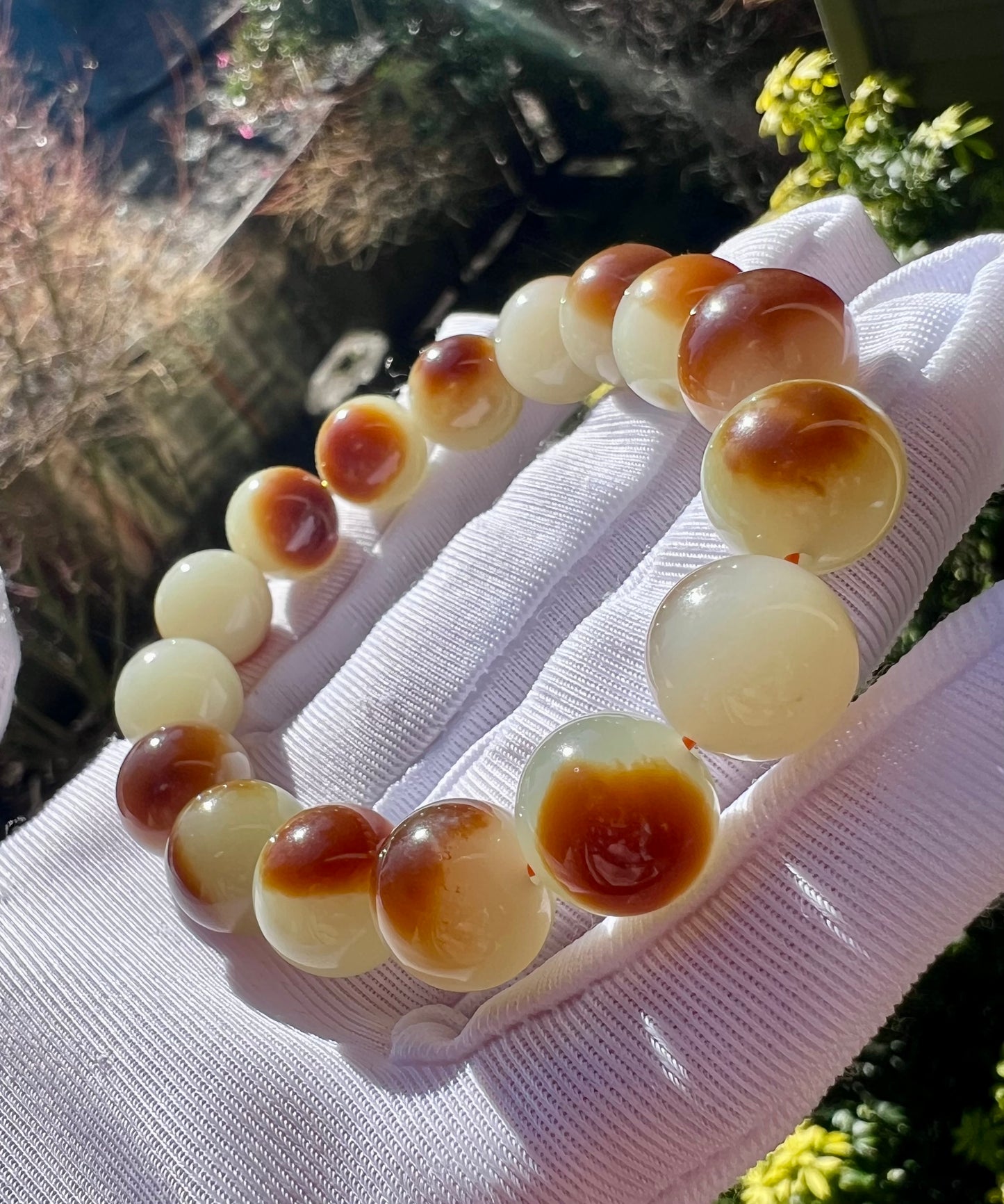 12mm Certified natural jade/Jinshan oily red brown white nephrite bracelet/ sugar cover pattern天然精品 金山糖白玉 红油糖 #7129 盖糖