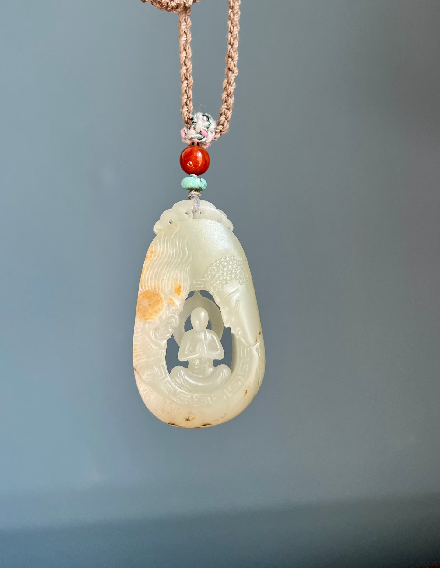 Certified natural jade pebble/White Nephrite carved Enlightenment pendant/white nephrite with original skin and pores 天然精品 籽料白玉 无事牌 悟道吊坠 佛魔一念#7455原皮毛孔 天然黄沁 大师工