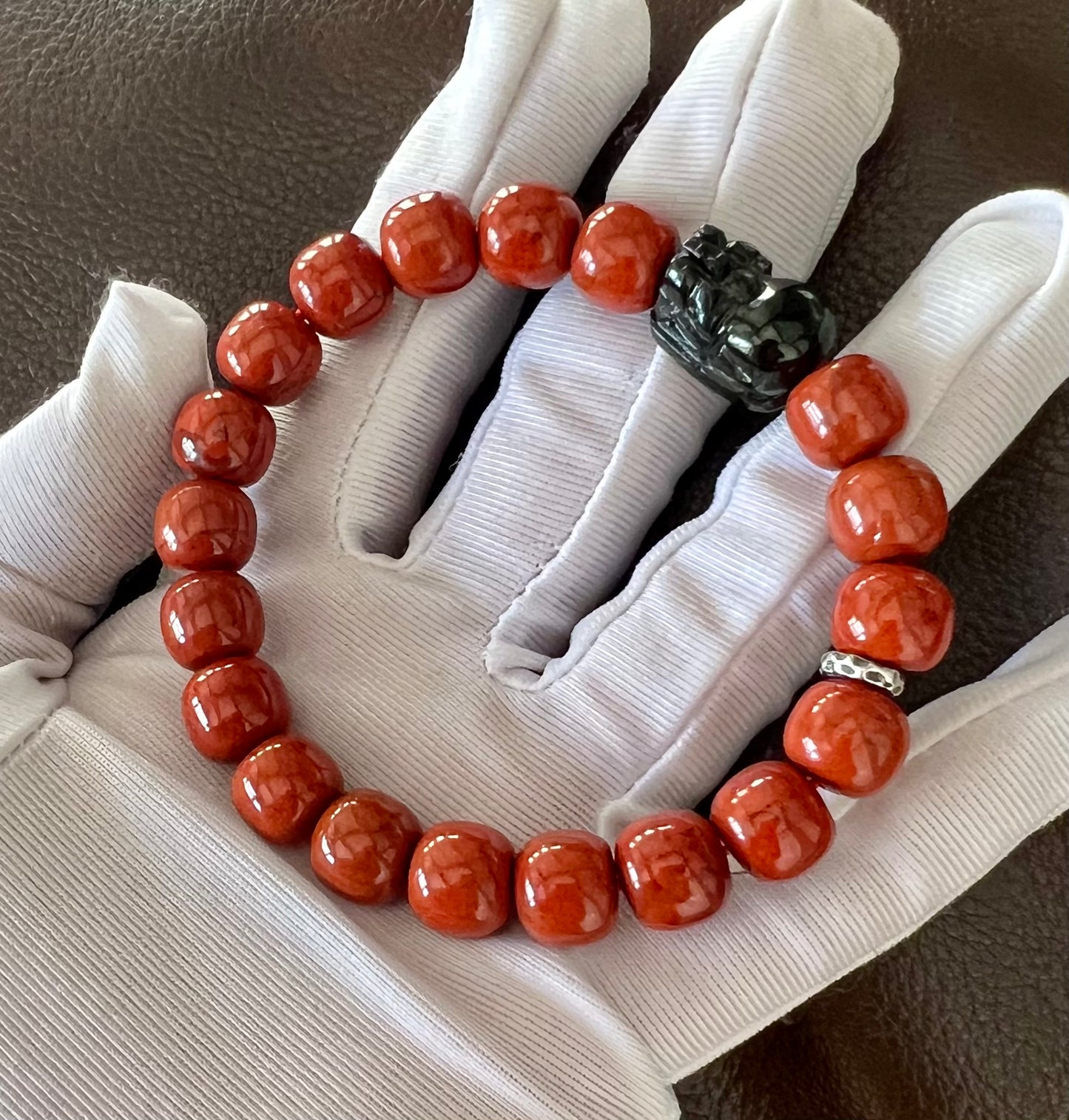 10*9mm Certified natural Nanhong Agate barrel Beads Bracelet, Southern Red Agate, with Hypersthene Pixiu charm, 全天然精品金运石貔貅 川料柿子红南红手串 满色满肉 #5947