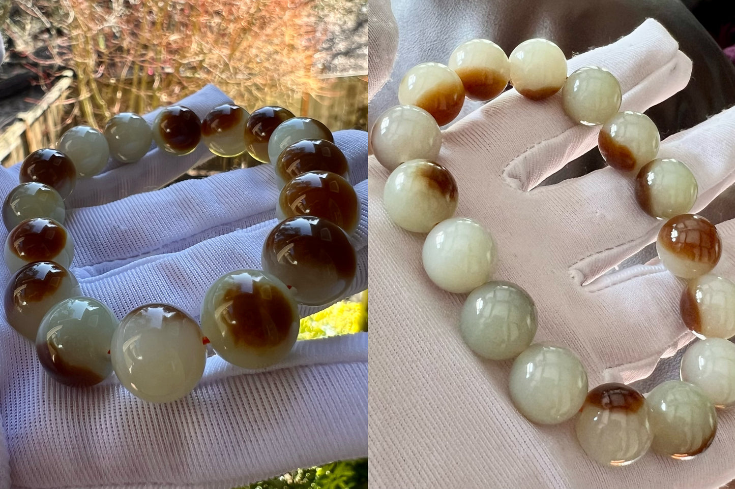 12mm Certified natural jade/Jinshan oily red brown white nephrite bracelet/ sugar cover pattern天然精品 金山糖白玉 红油糖 #7129 盖糖
