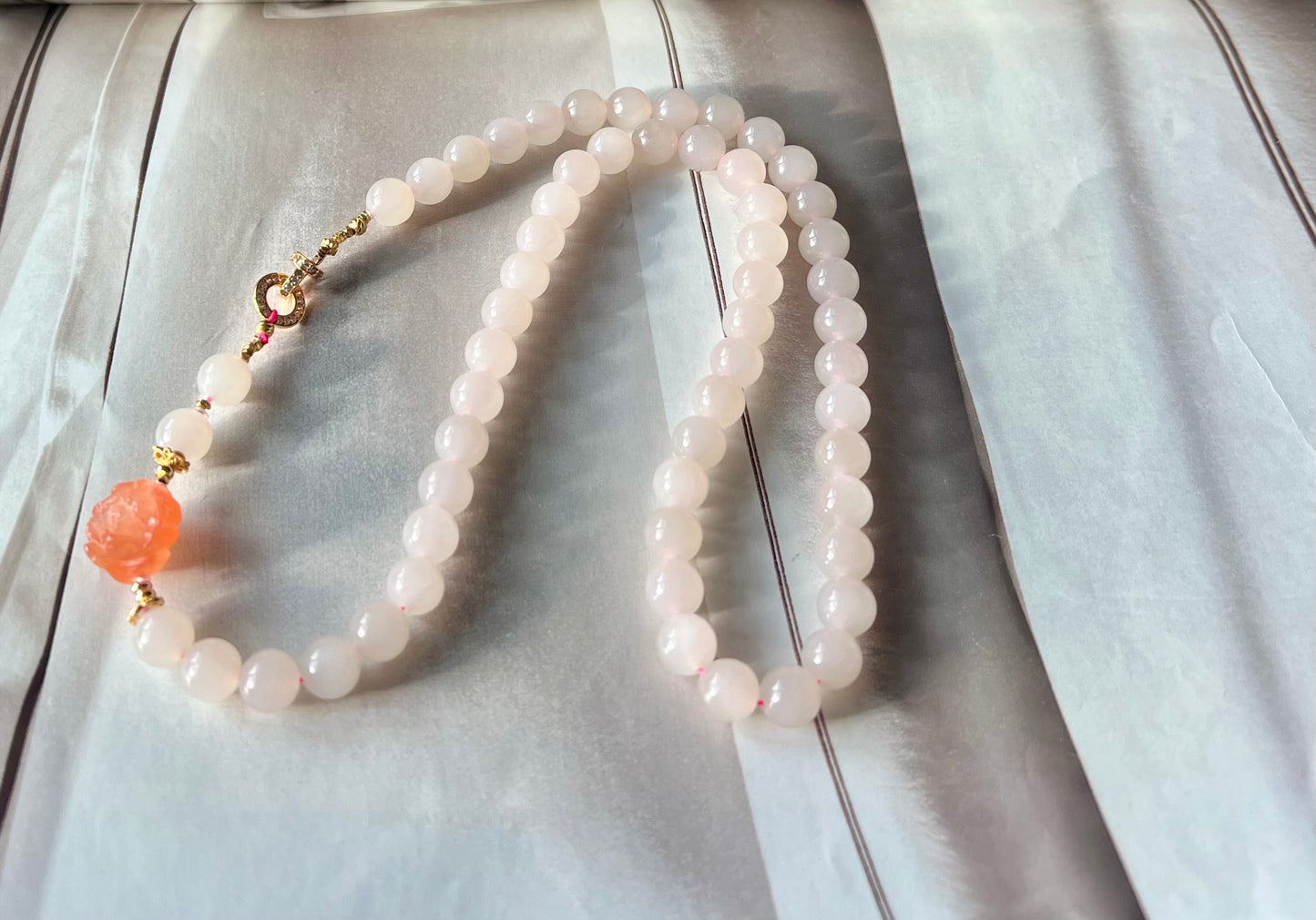 8mm Certified natural jade Qinghai old mine lotus pink nephrite necklace/icy lotus root pink 天然 青海老矿料冰糯藕粉项链 冰润糯 #3378 搭配川料南红牡丹花